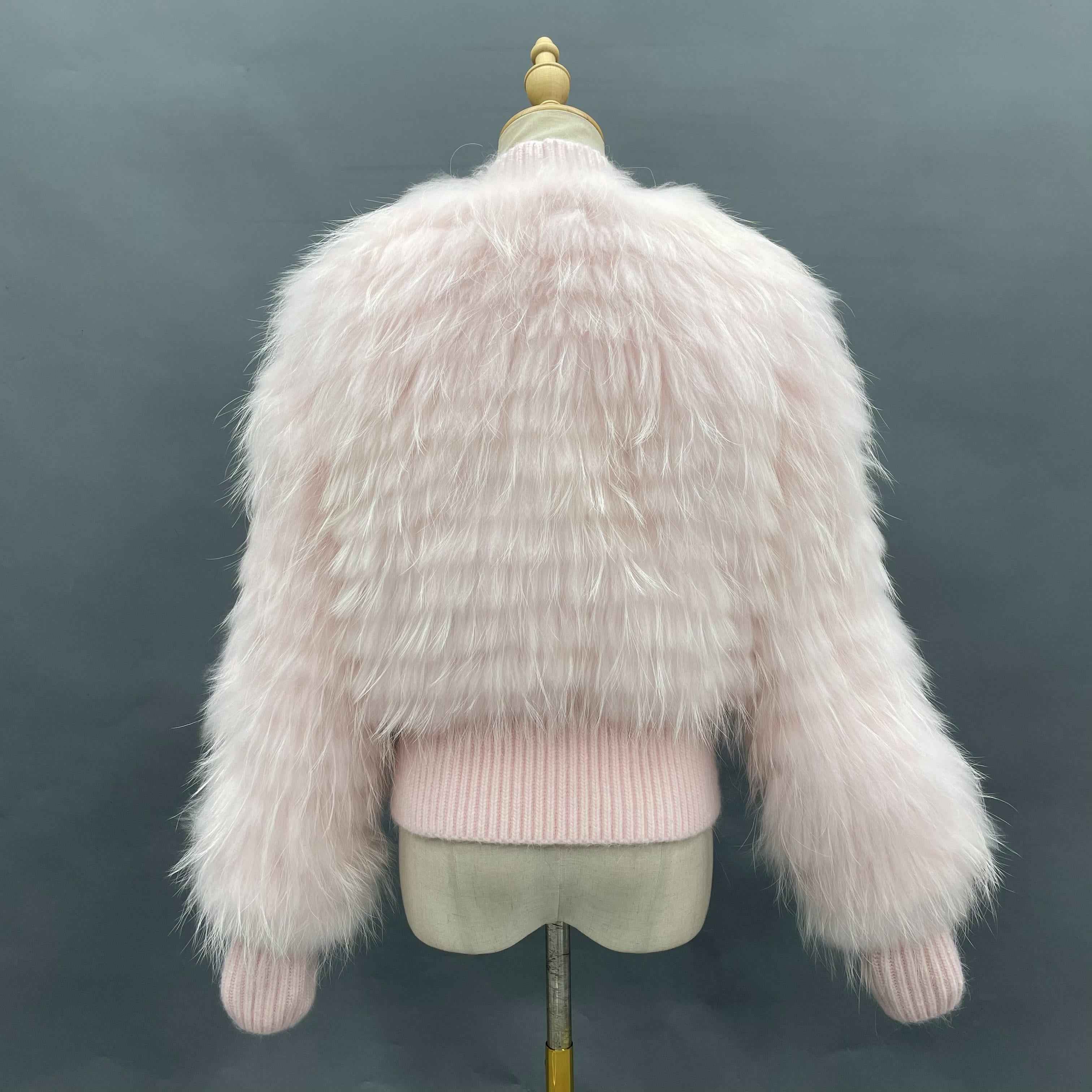 Women's Edgy Pink Raccoon Fur Striped Jacket - V-Neck Knitted Hem Fashion Outerwear