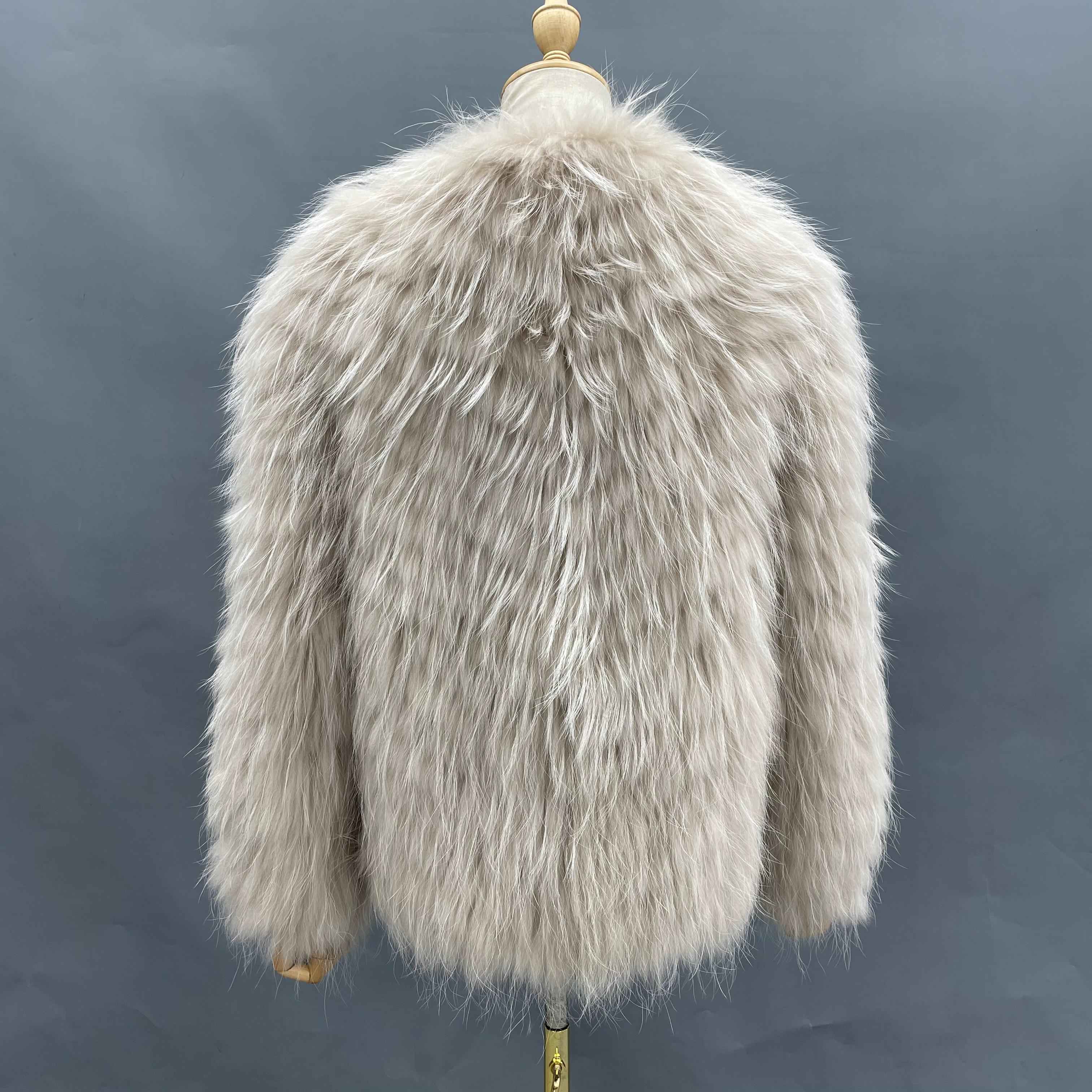 Women's Chic Raccoon Fur & Leather Patchwork Jacket - V-Neck Button Closure Daily Fashion Outerwear