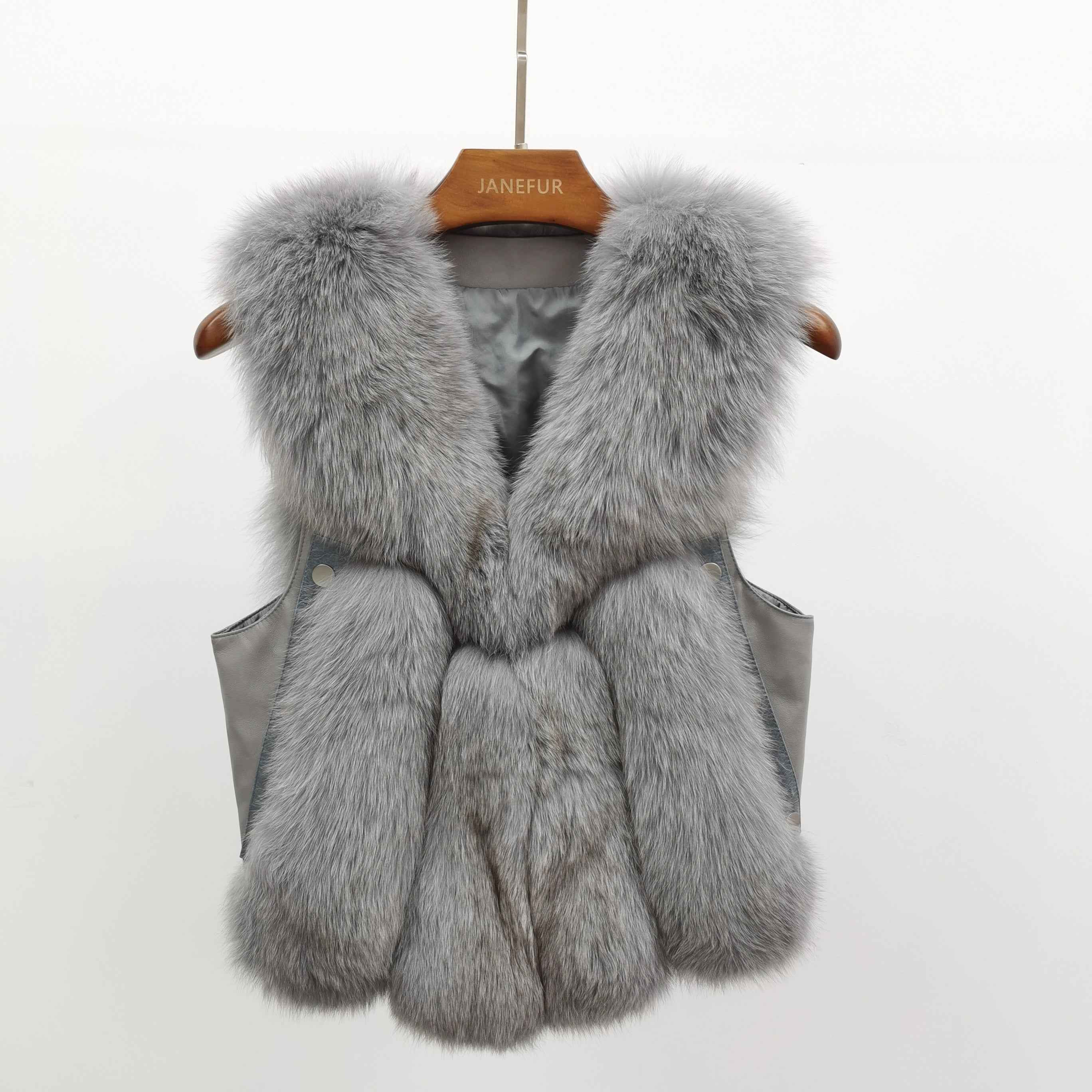 Women's V-Neck Fox Fur Vest - Cozy Warm Comfortable Outerwear Grey