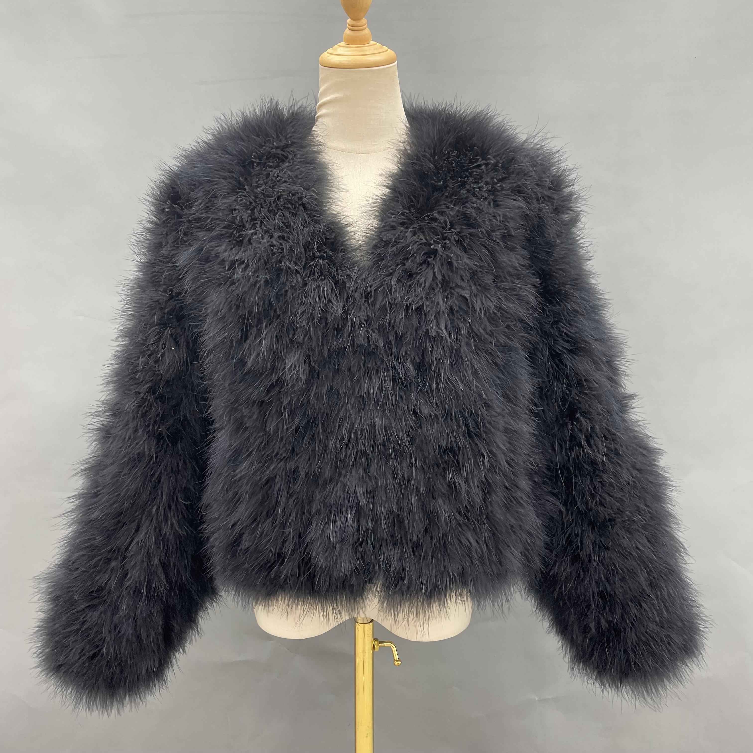 Ostrich Feather V-Neck Party Jacket - Glamorous Statement Outerwear for Luxe Occasions Black