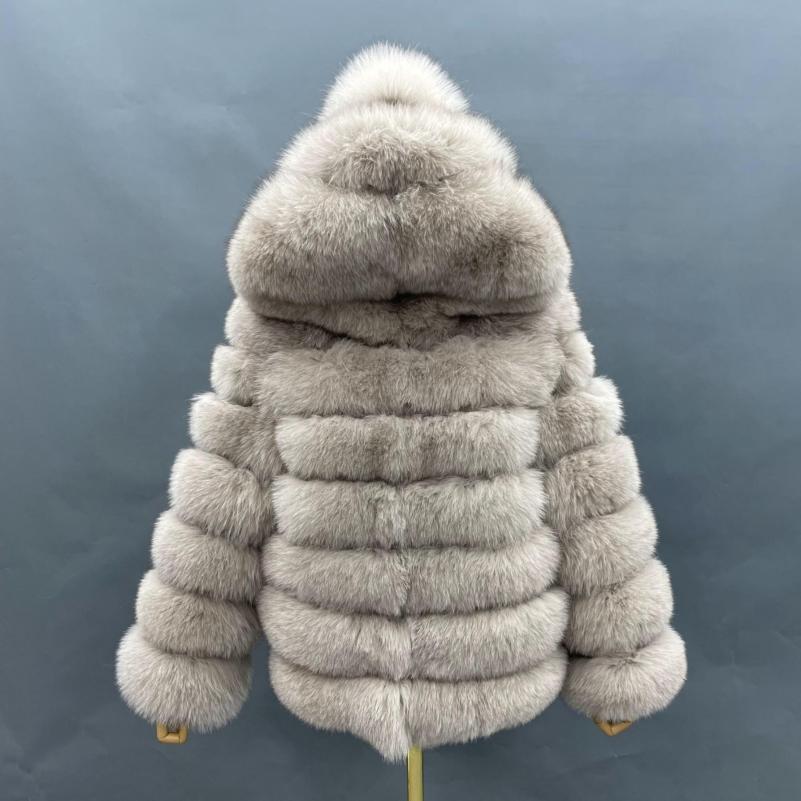 Fashion Women's Solid Color Real Fox Fur Warm Coat With Hat