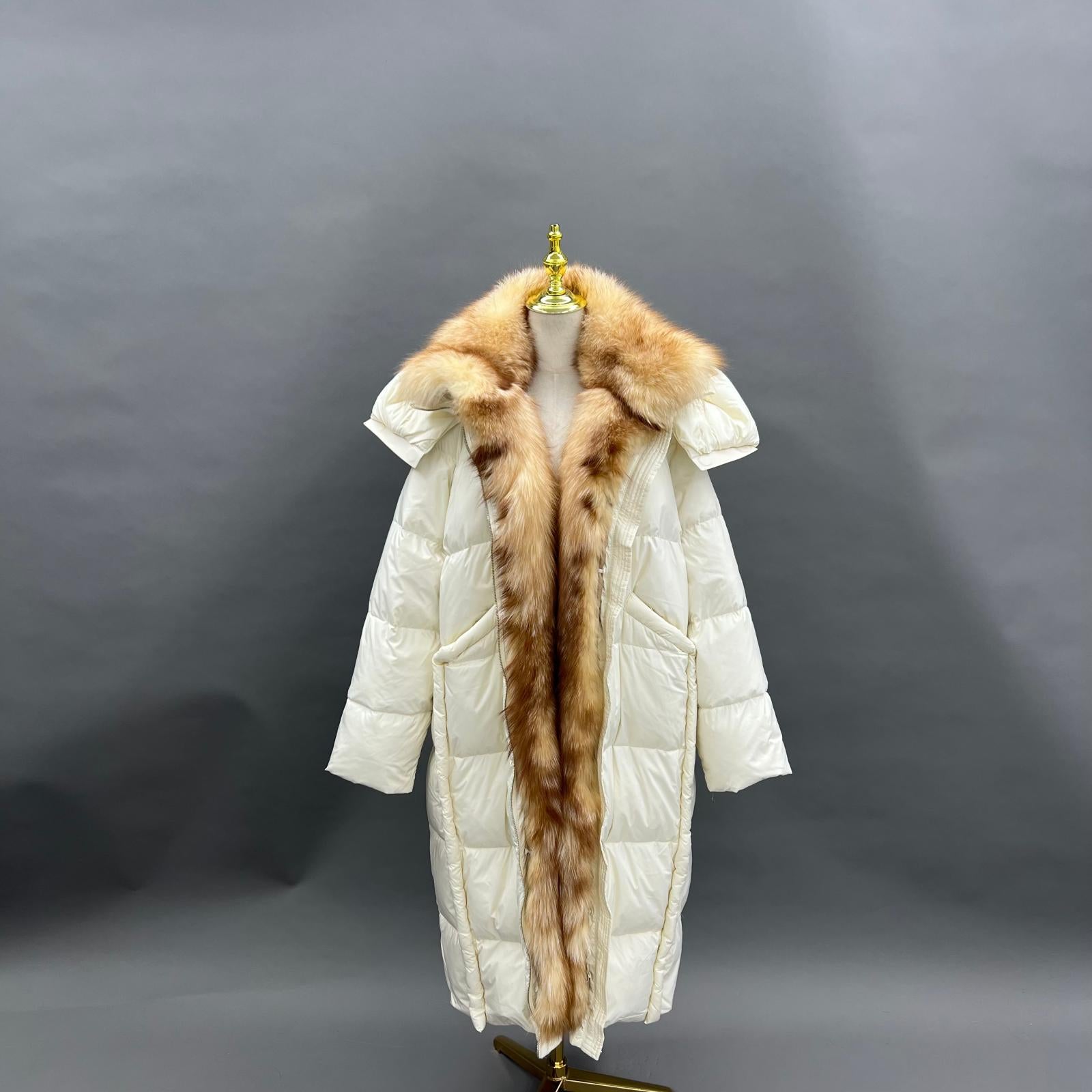 Goose Down-Insulated Knitted Cuff Collar Large Lapel Lightweight Warm Down Jacket Down Coat White