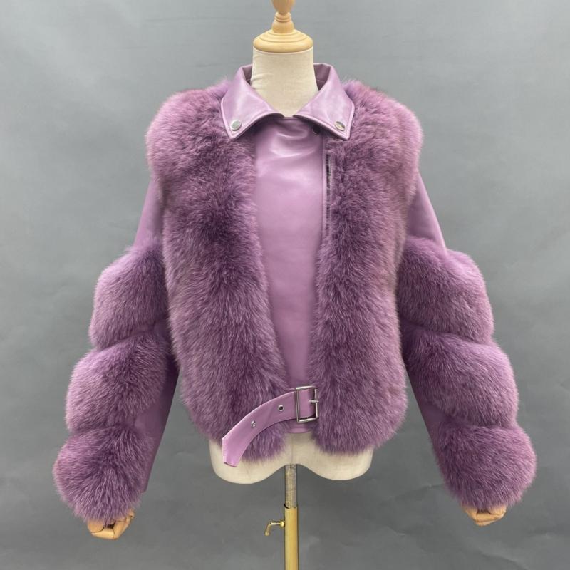 Warm Winter Leather Fluffy Real Fox Fur Jacket Women's Short Coat Lavender Click chat with us