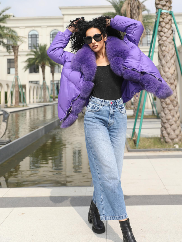 Goose Down-Lined Women's Segmented Fox Fur Placket Hooded Down Jacket