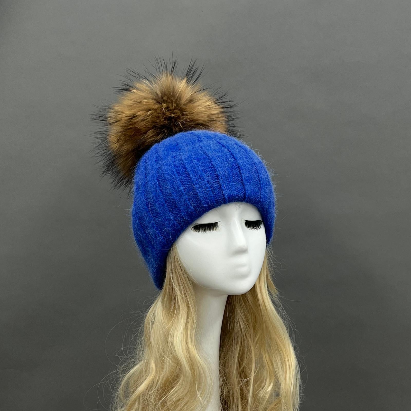 Thick Striped Angora Wool Pom Pom Winter Hat 11