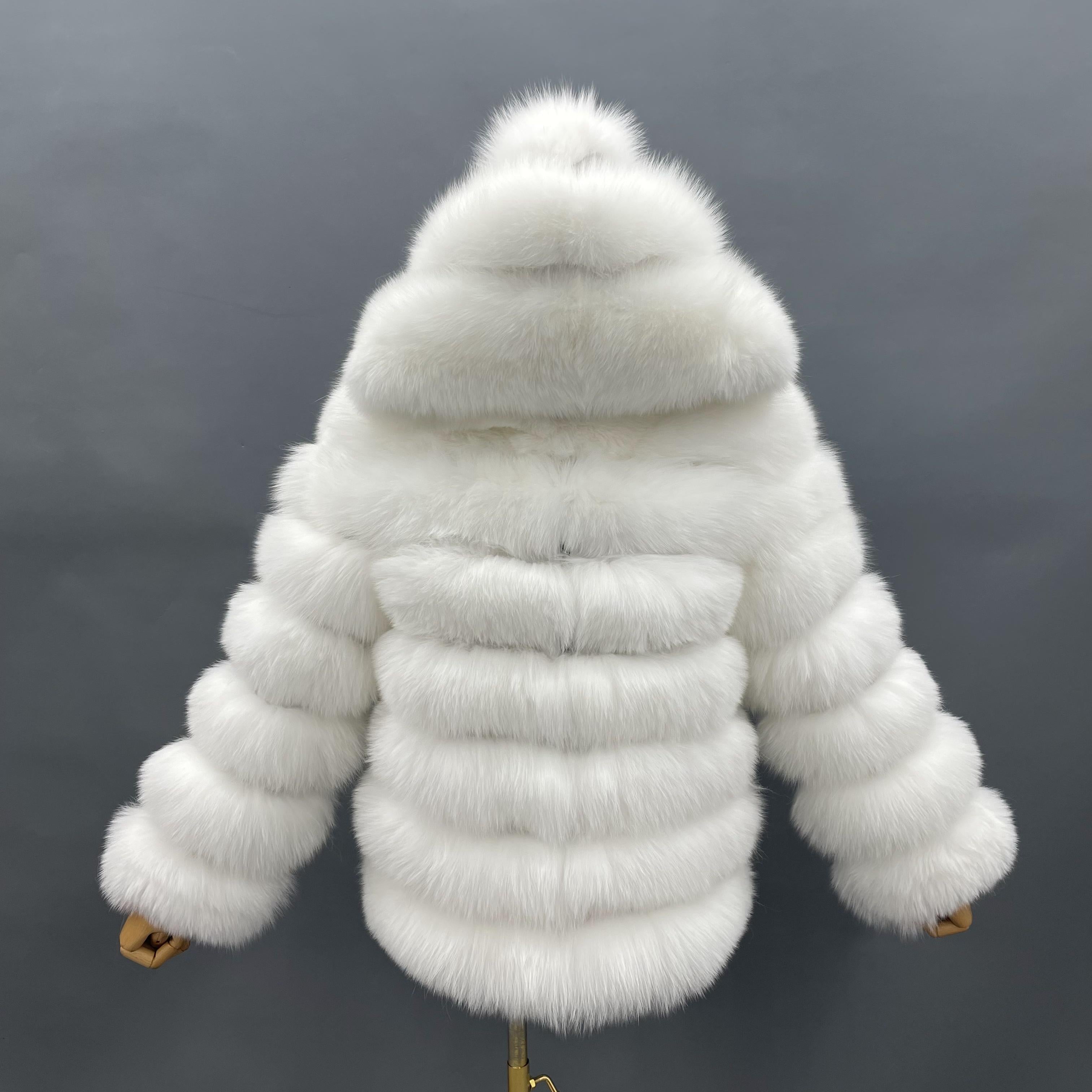 Fashion Women's Solid Color Real Fox Fur Warm Coat With Hat White