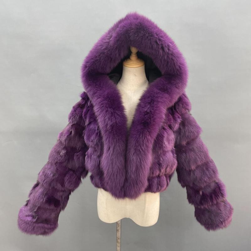 Luxury Women's Winter Short Fox Fur With Hooded Zipper Style Coat Purple Click chat with us