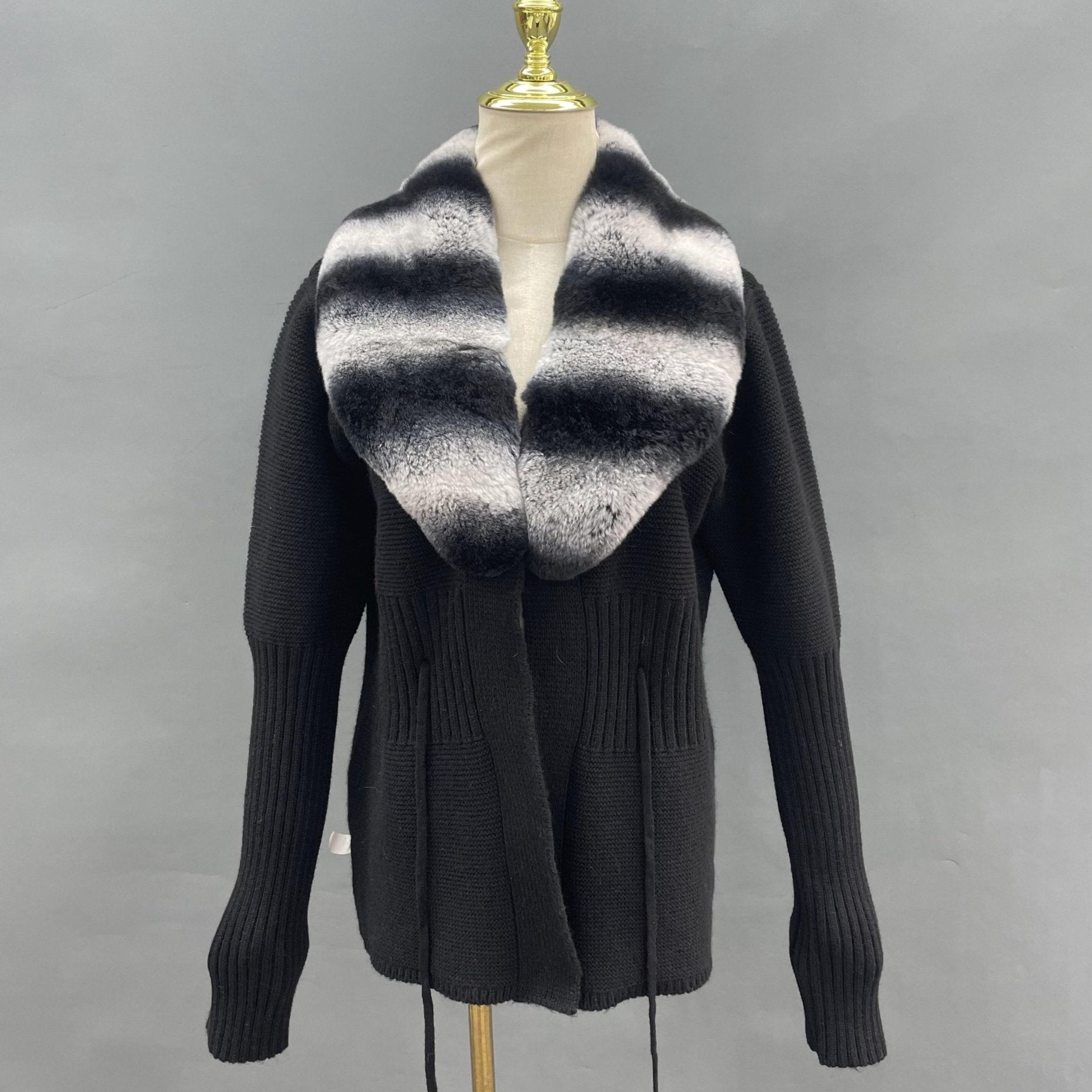 Knitted Rabbit Fur Collar Women's Sweater Coat