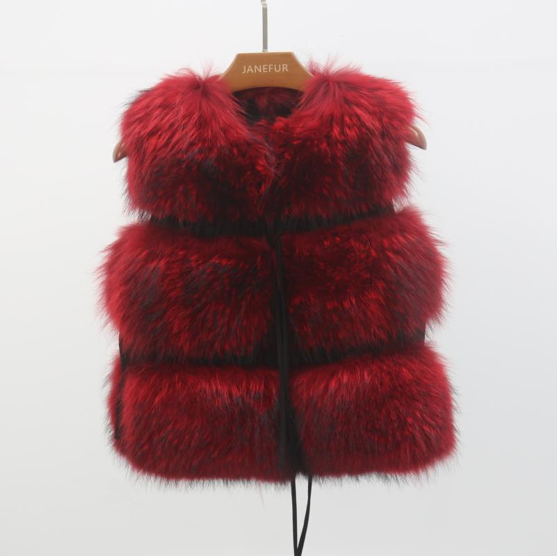 Women's Spring And Fall Clothing Luxury Real Raccoon Fur Vest Red