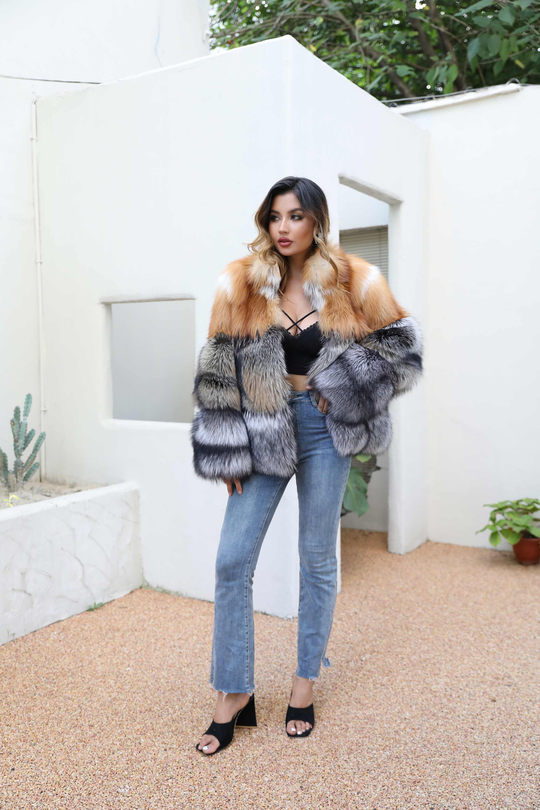 Standing Collar Real Fox Fur Silver Fox Winter Women's Coat Color matching