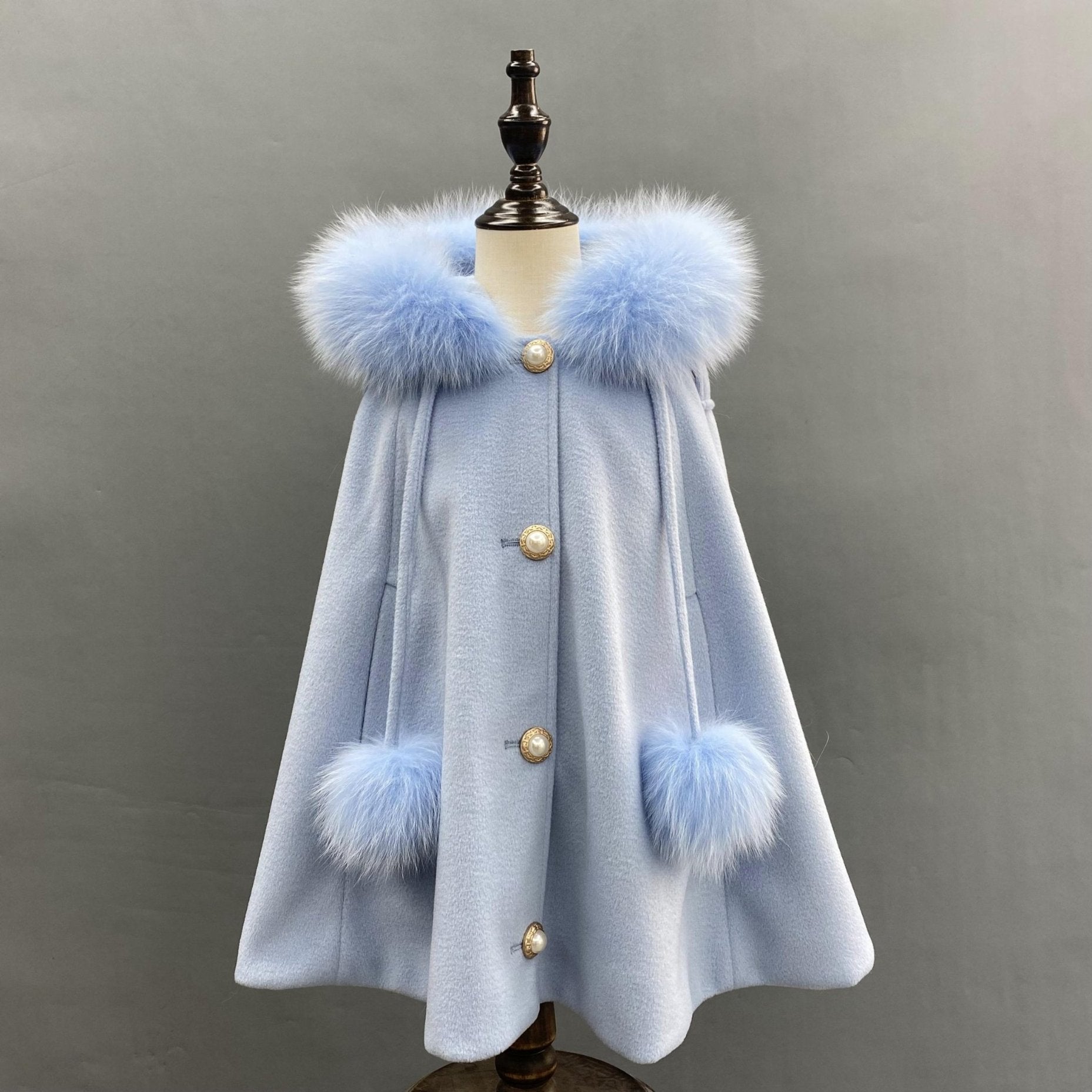 New Children's Double Fur Ball Hooded Poncho Shawl blue
