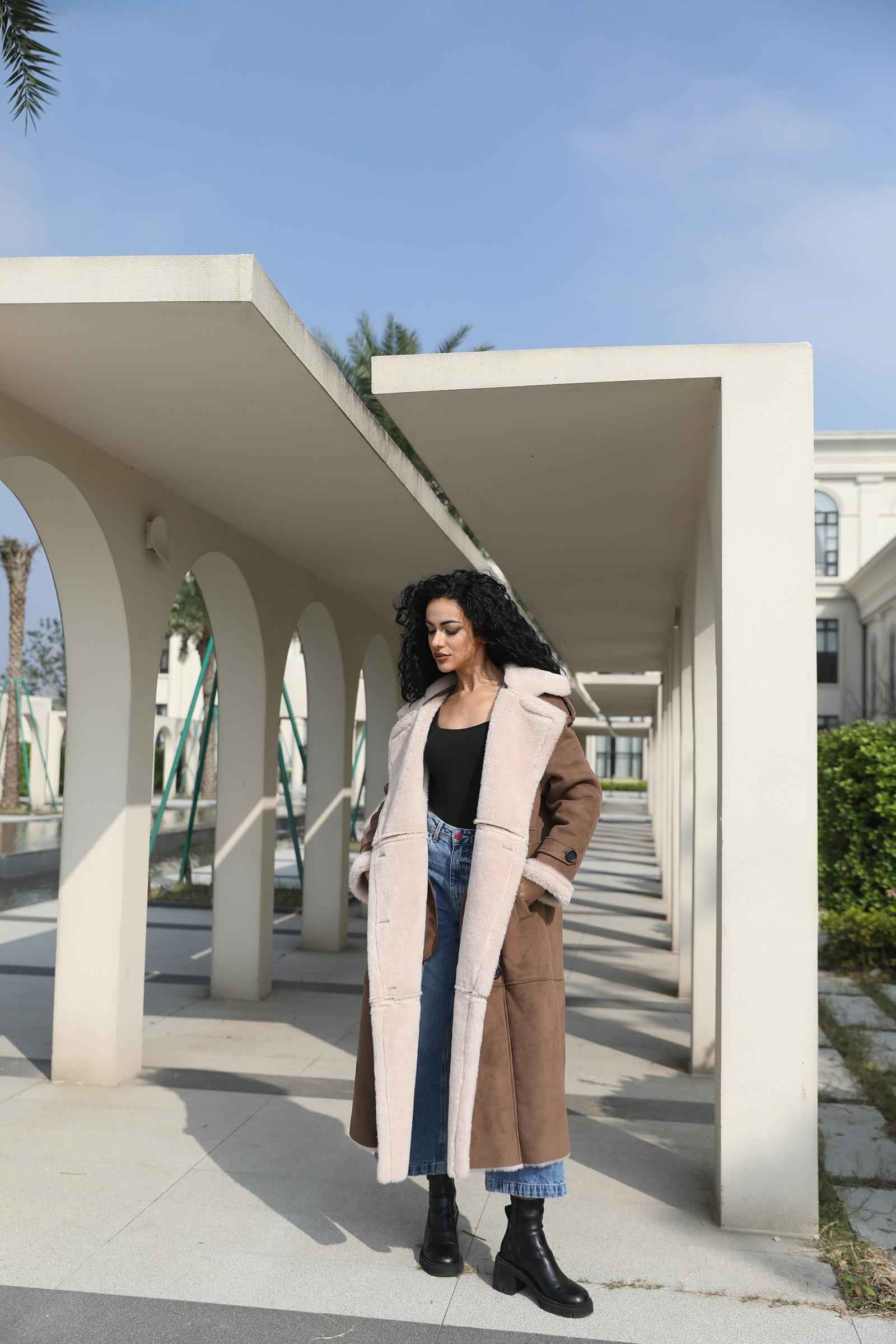 Leather and Fur Combo Merlot Double-Breasted Women's Vintage Long Coat