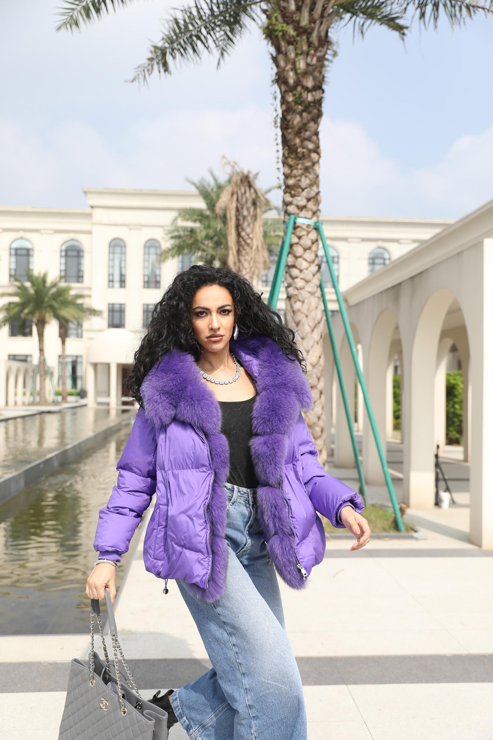 Goose Down-Lined Women's Segmented Fox Fur Placket Hooded Down Jacket