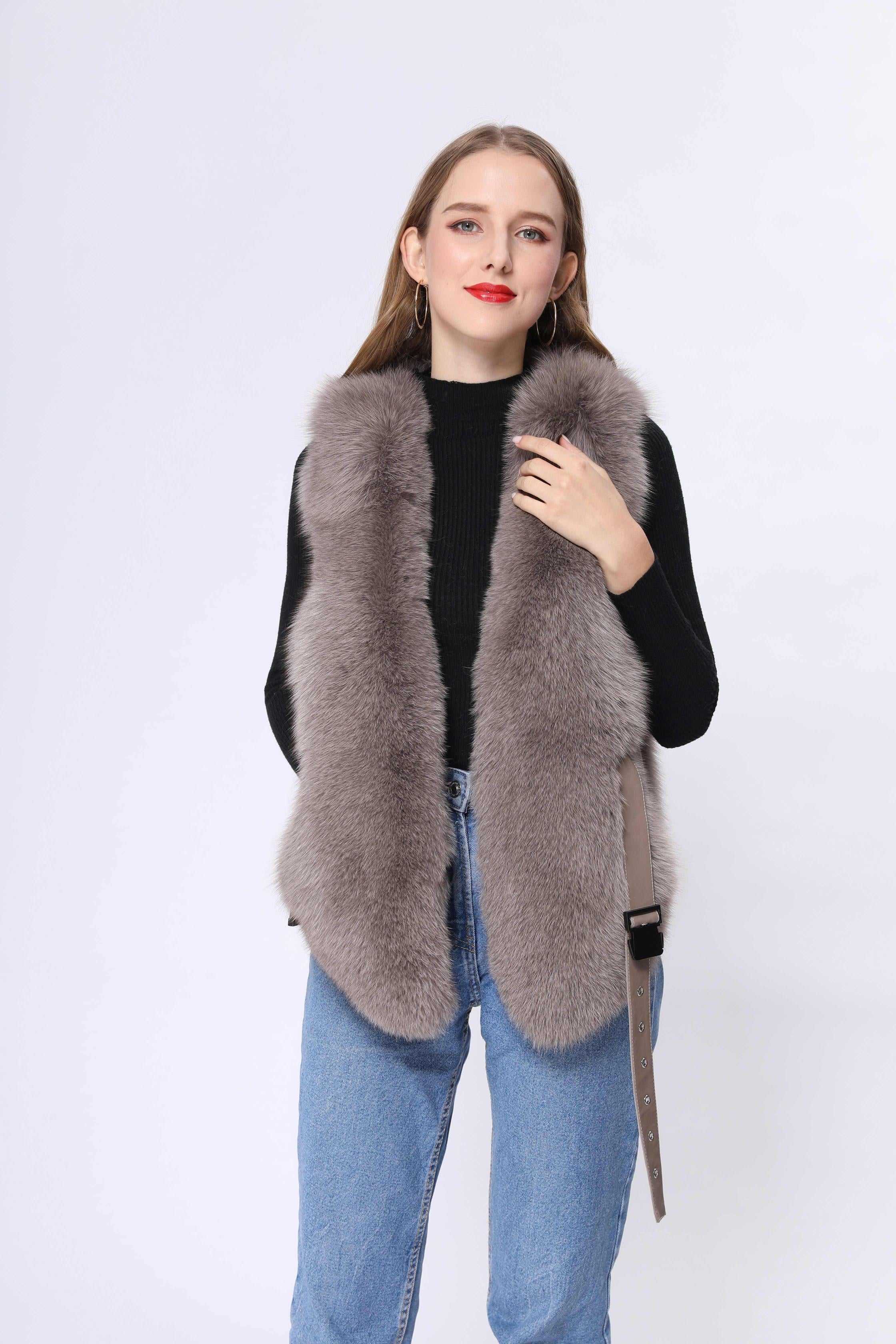 Fox Fur Vest Luxury High-quality Women's Belt Vest