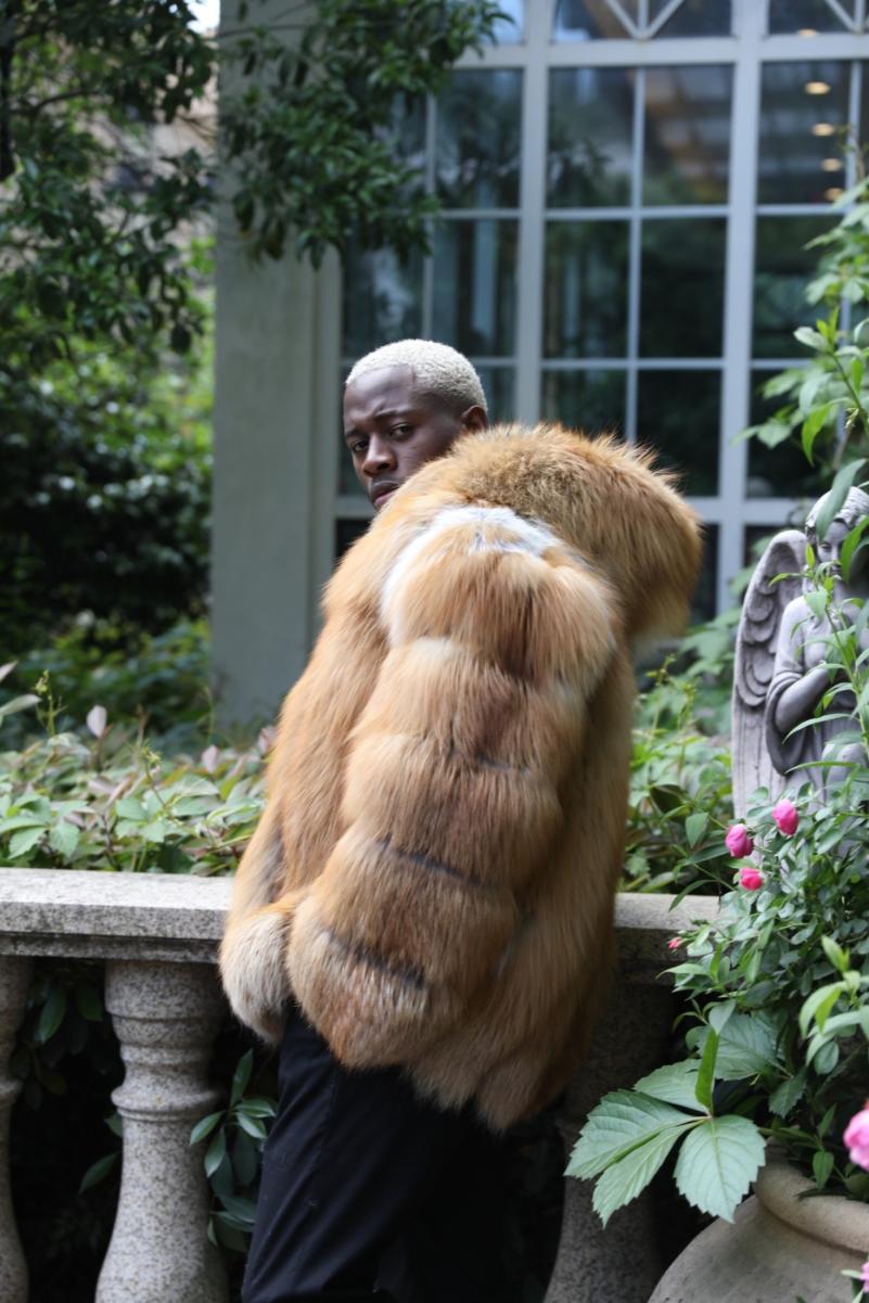 Men's Red Fox Fur Coat with Vertical Stripes and a Hood