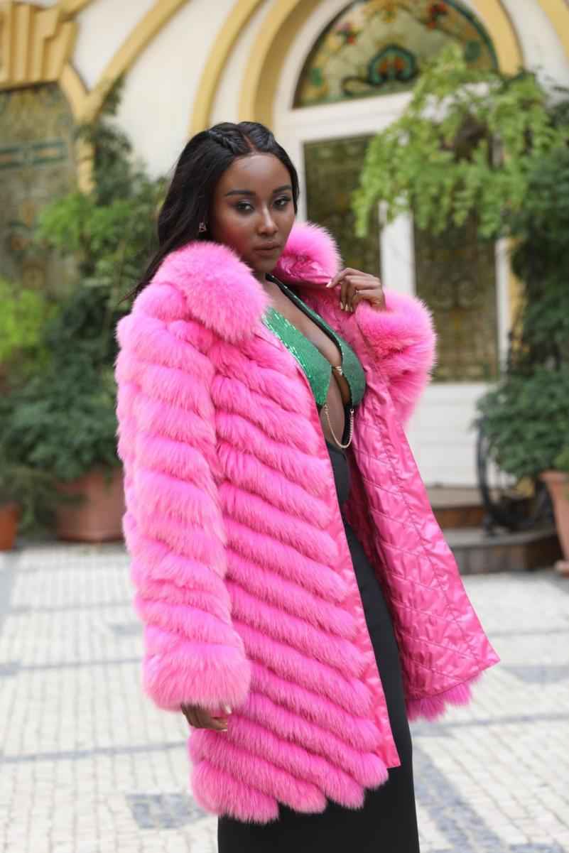 Double-Sided Fox Fur Diagonal Stripe Long Coat Pink