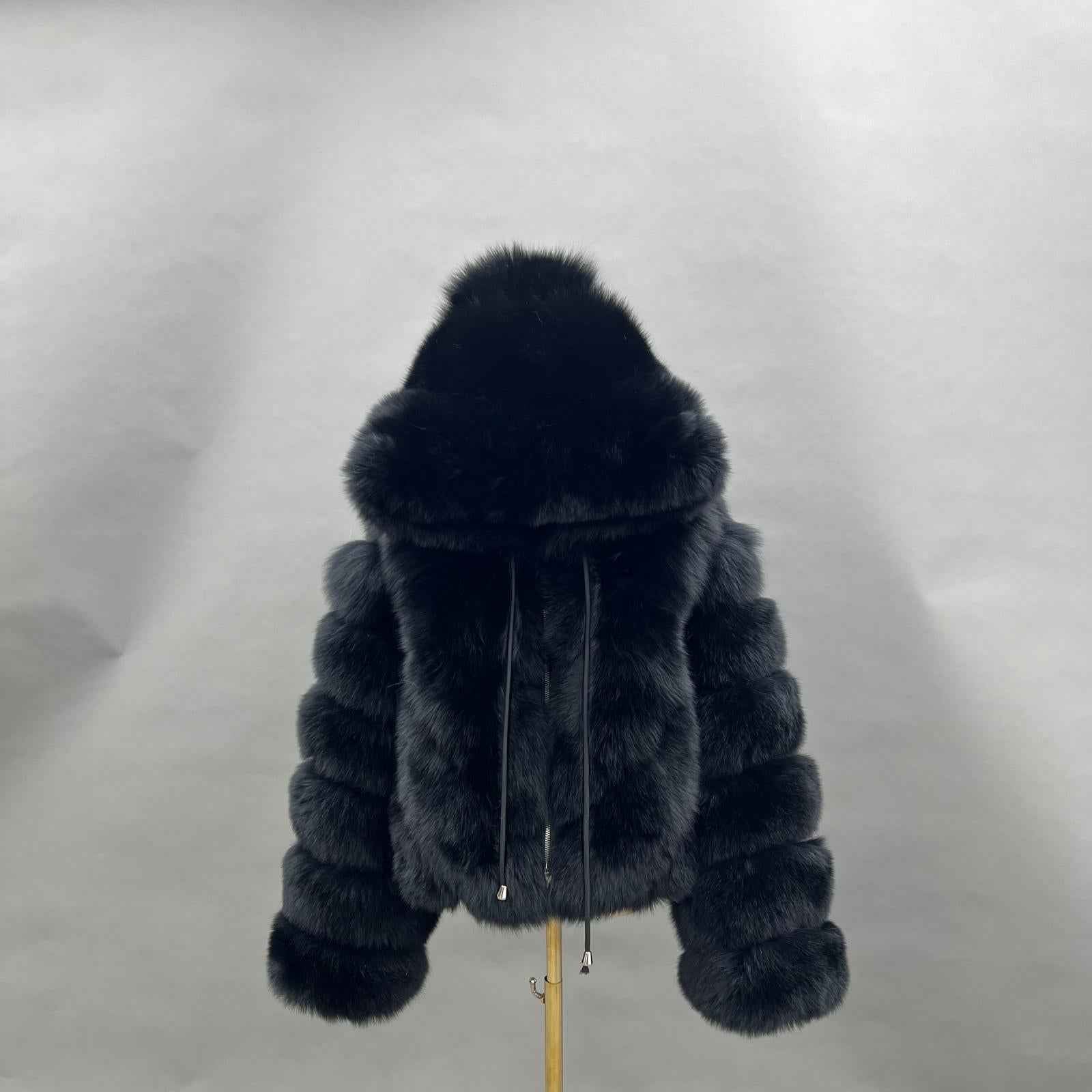 Luxurious Fox Fur Women's Hooded V-Pattern Zipper Jacket for Winter Fashion Black