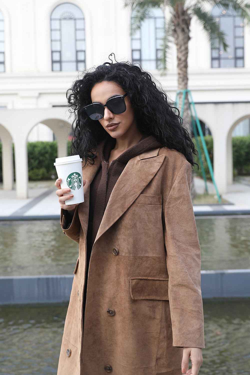 Janefur Fashion Suit Collar Double-breasted Long Camel Fake Leather Trench Coat