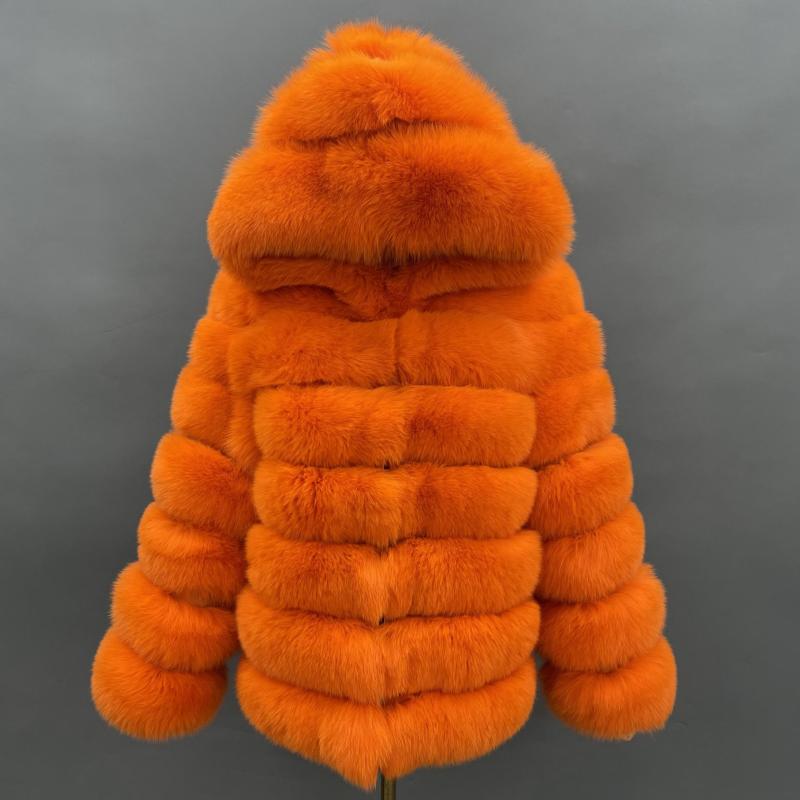 Fashion Women's Solid Color Real Fox Fur Warm Coat With Hat Orange