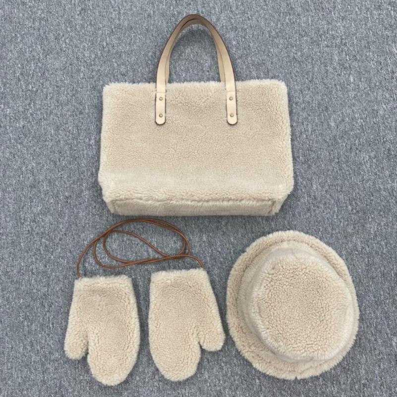 Fashionable Winter Warm Lamb Wool Fisherman Hat Bag Set