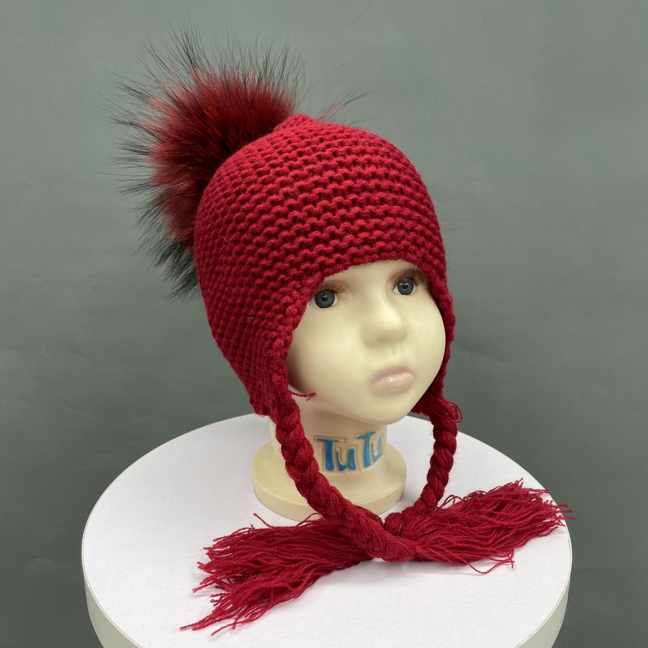 Children's Fashion Knitted Big Braid Raccoon Fur Pom Pom Hat 7 Age(1-5)