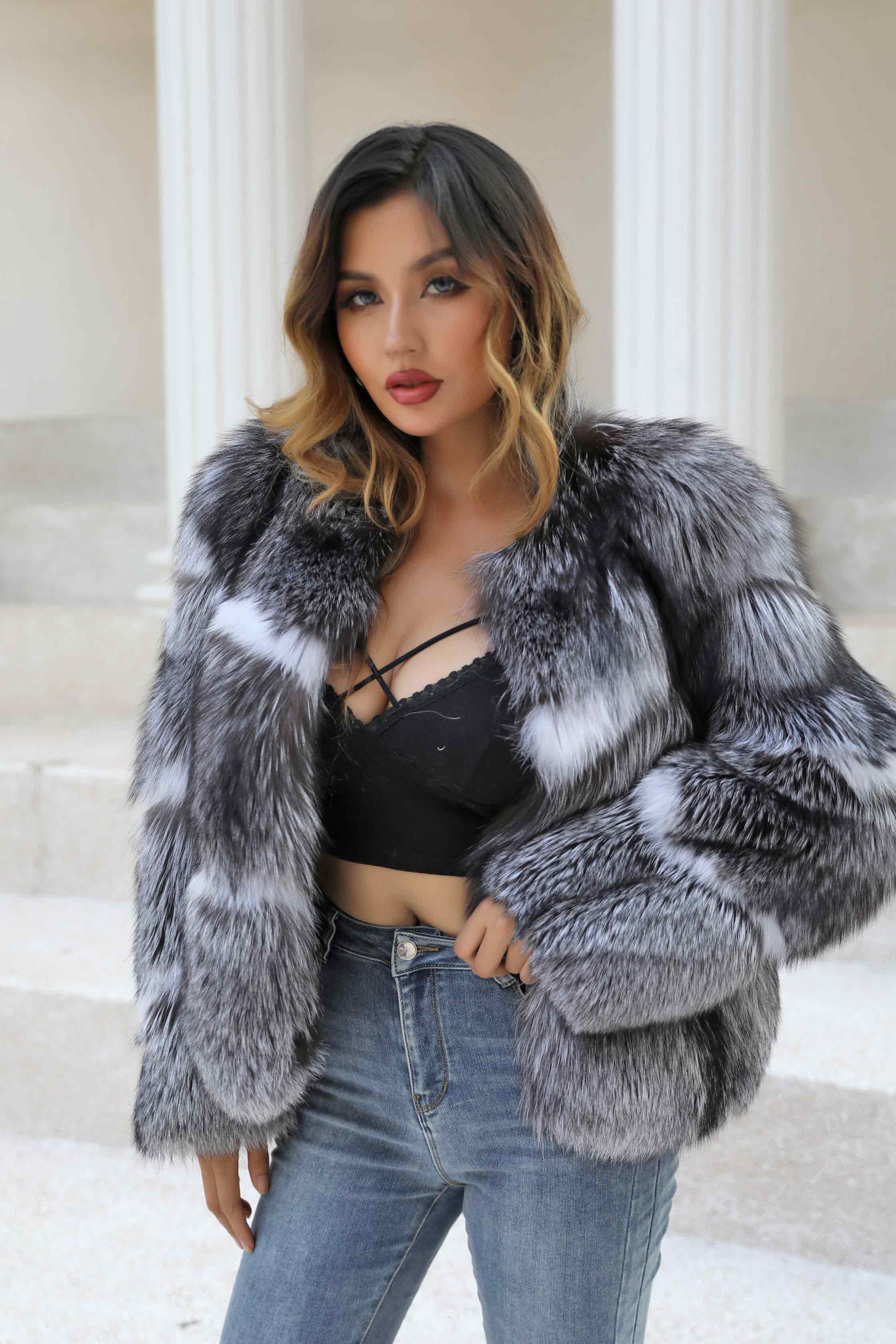 Luxury Winter Women's Crewneck Silver Fox Coat