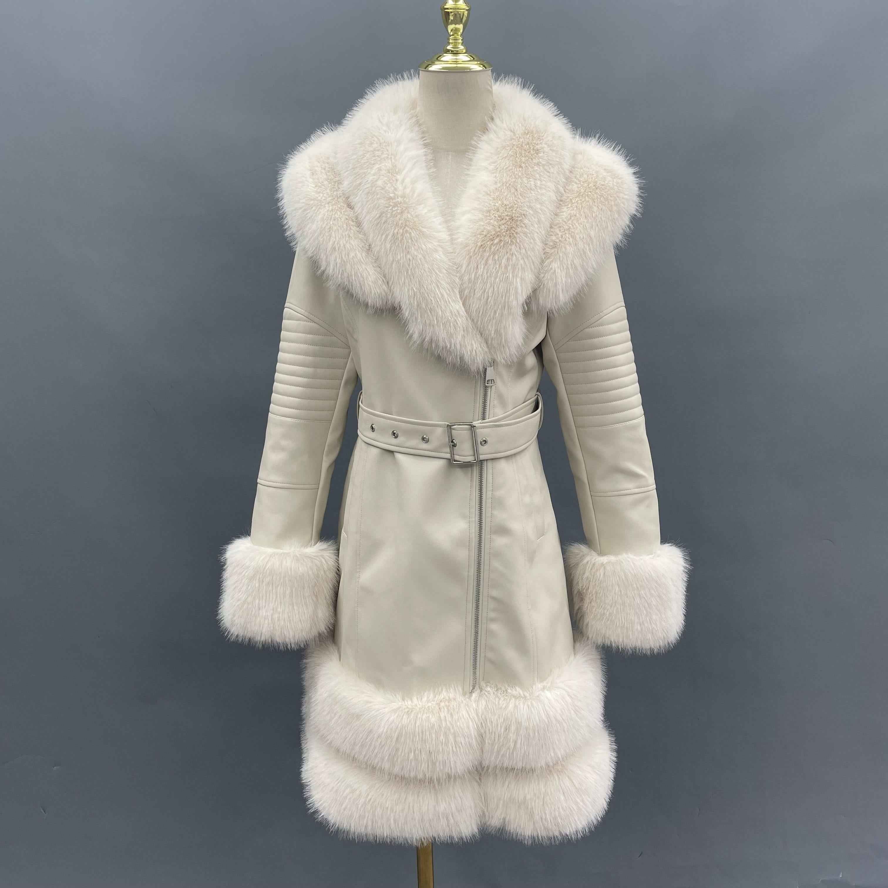 Eco-Friendly Leather Women's Mid-Length Coat with Faux Fur Cuffs and Belt