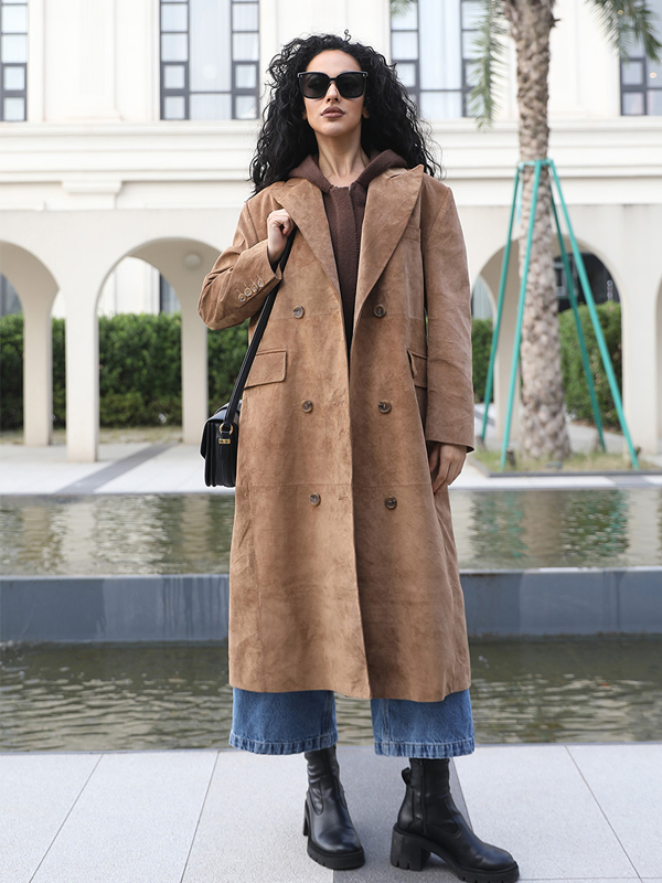 Janefur Fashion Suit Collar Double-breasted Long Camel Fake Leather Trench Coat