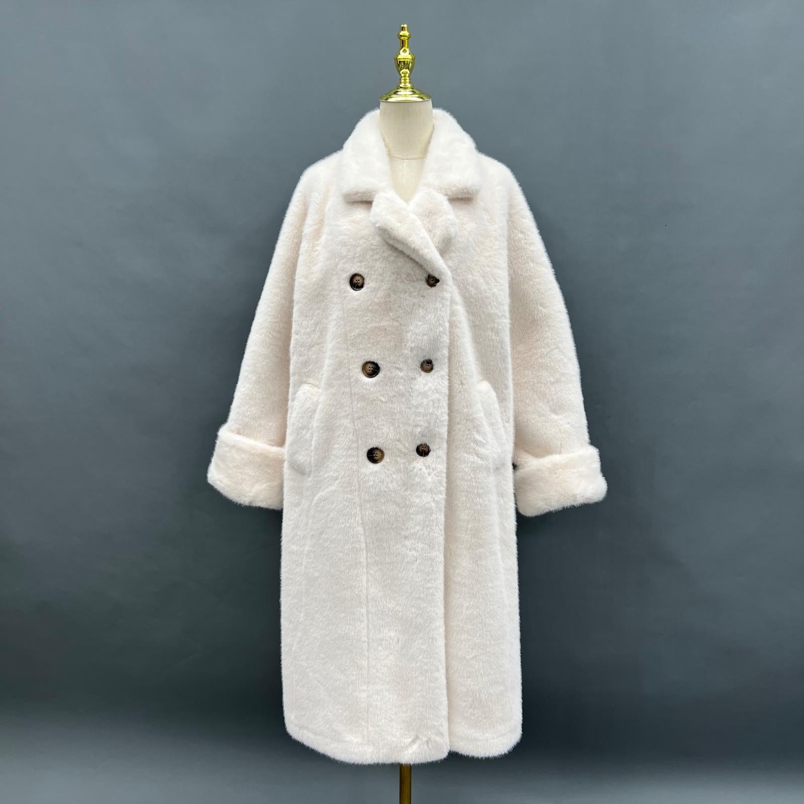 Women's Fall And Winter Cost-effective Suit Collar Long Faux Mink Jacket White F-chest 122cm