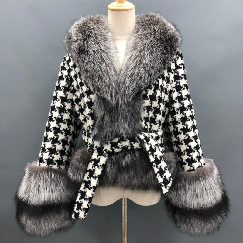 Mandarin Collar Wool Checkered Short Jacket with Fur Trim Silver Fox