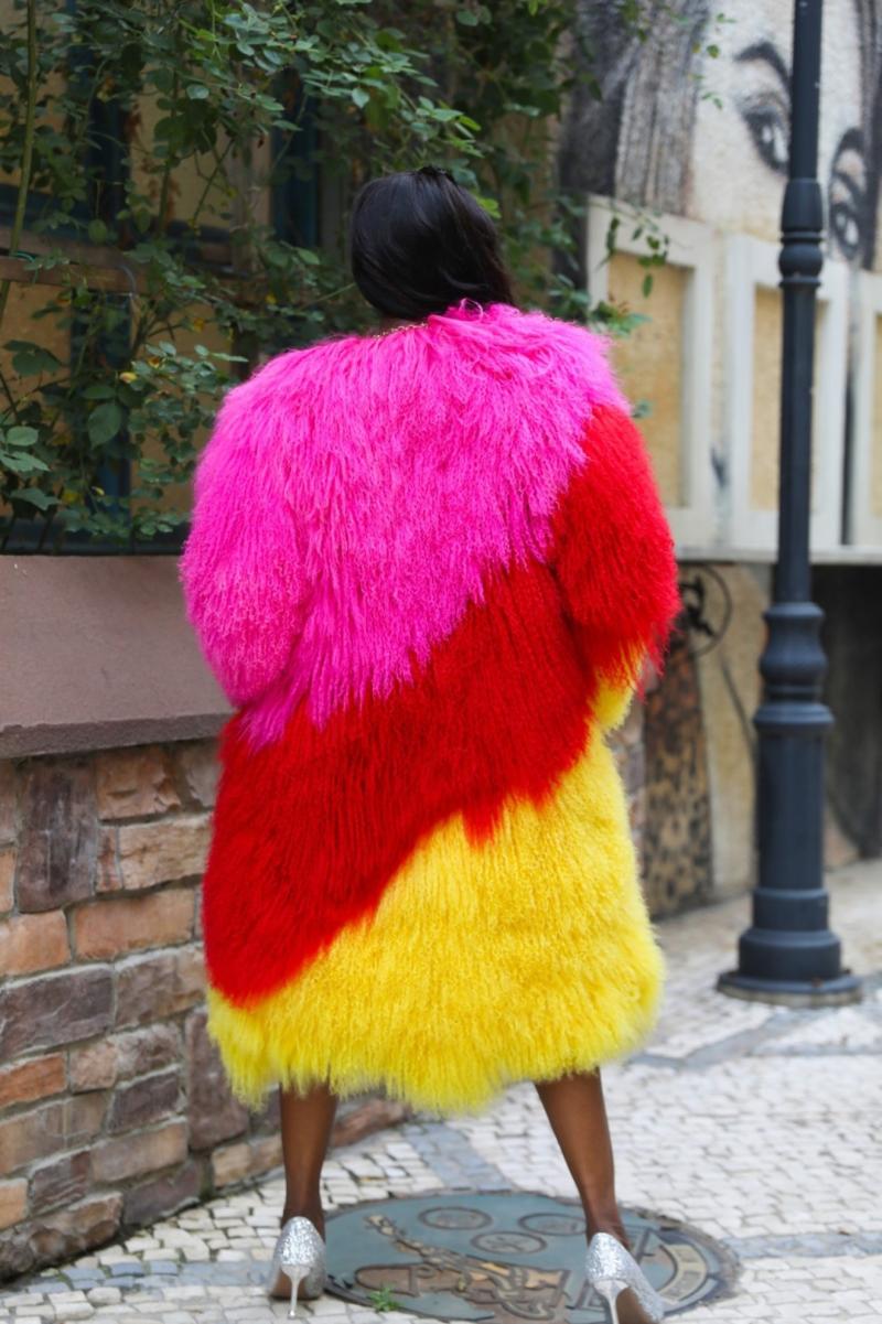 Janefur Mongolian Lamb Fur Long Coat Three Color Mix