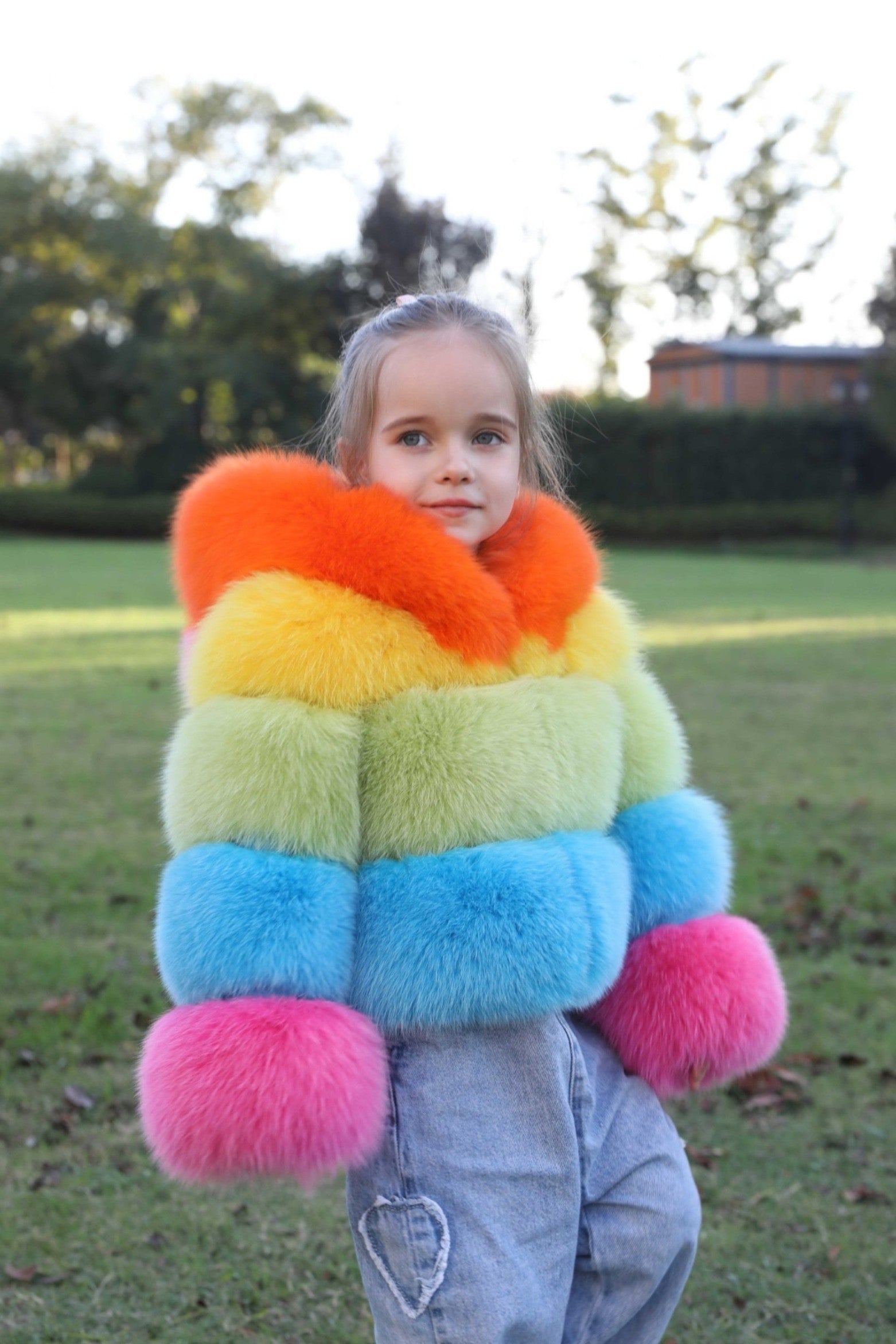 New Children's Winter Three Sections Splicing Fox Fur Hooded Coat Colorful Coat Rainbow XL-chest 84cm