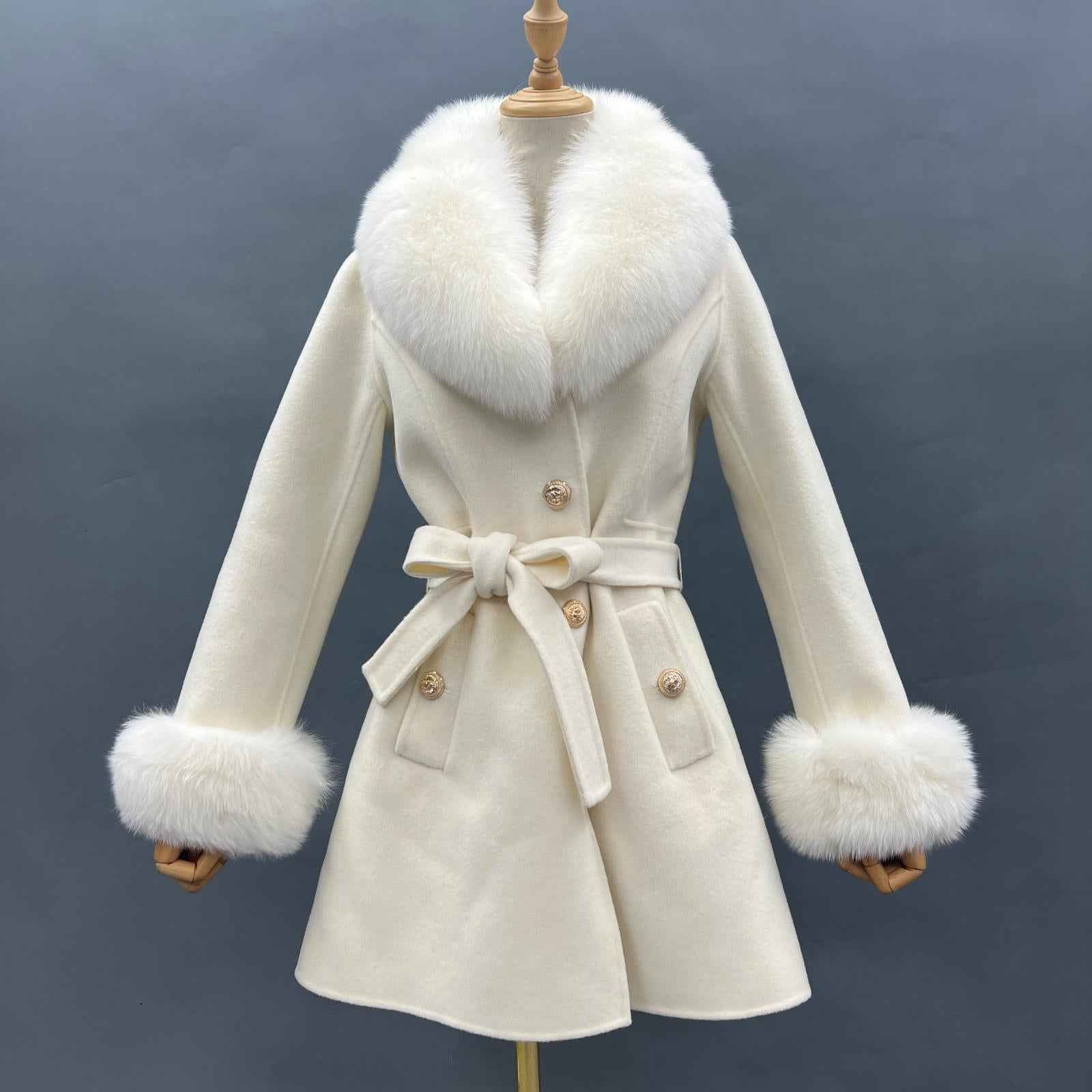 Double-Faced Fleece Coat for Women Elegant Notched Lapel Belted Double-Faced Wool Outer Jacket