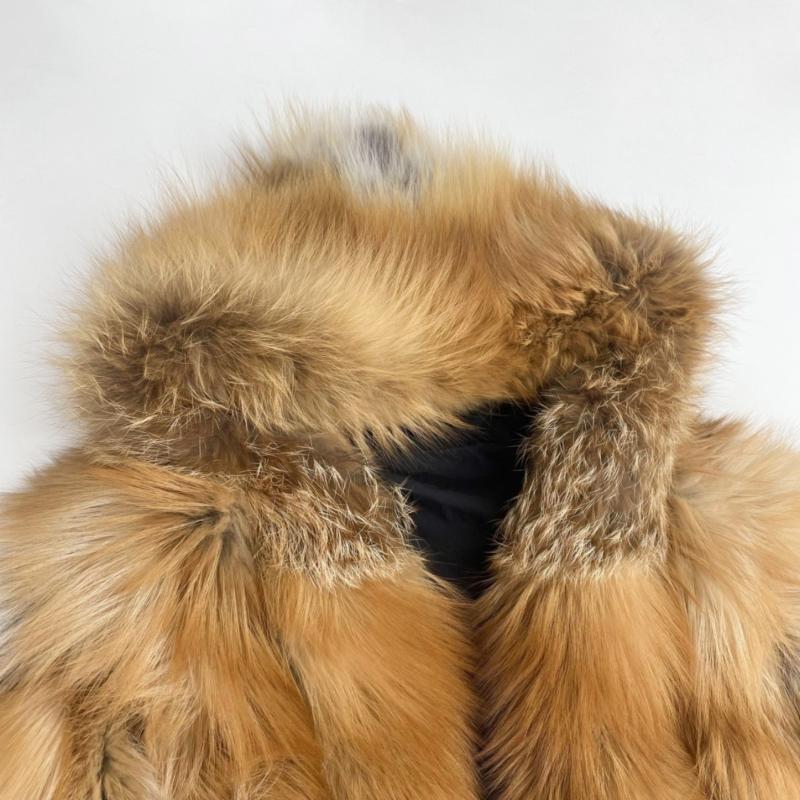 Men's Red Fox Fur Coat with Vertical Stripes and a Hood