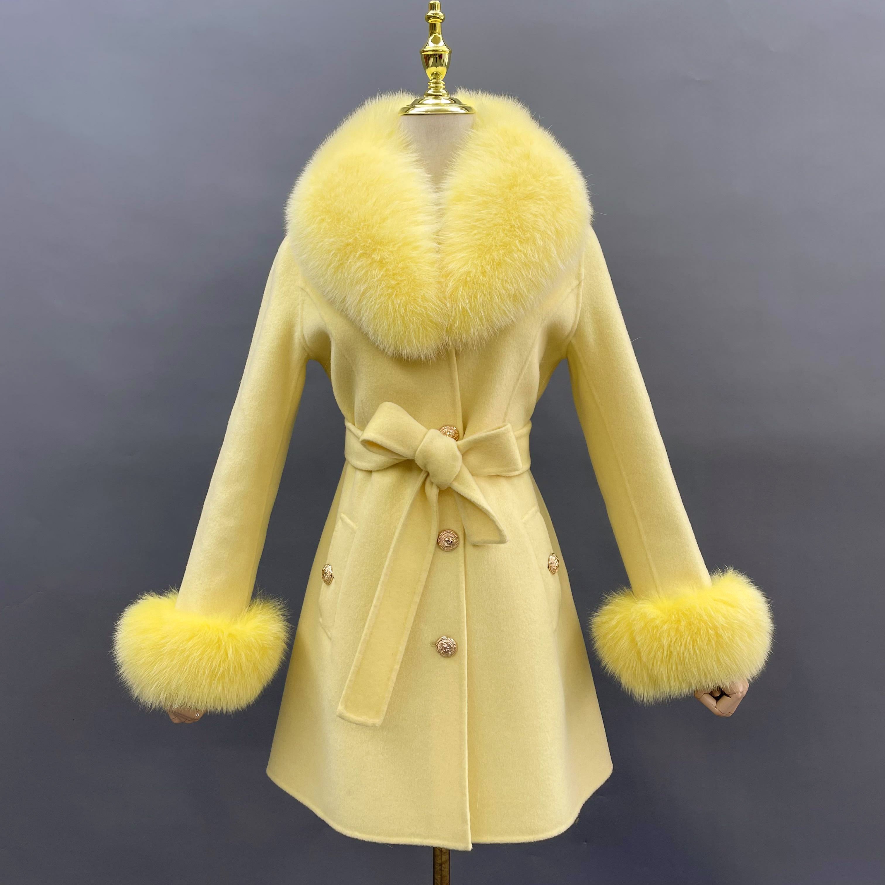 Single Breasted Lace-up Cashmere Coat Yellow