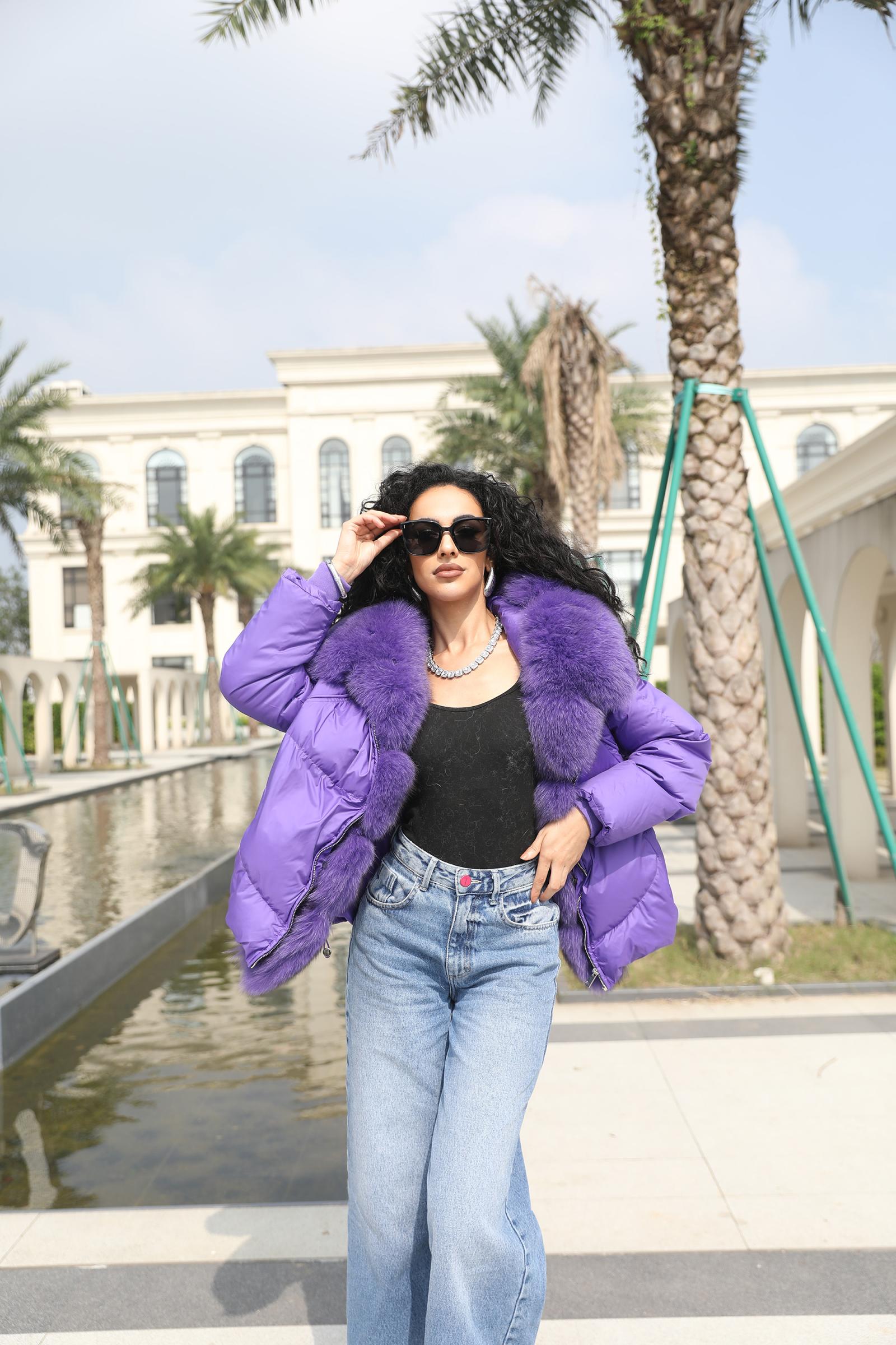 Goose Down-Lined Women's Segmented Fox Fur Placket Hooded Down Jacket