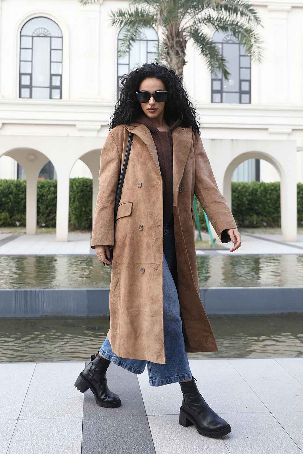 Janefur Fashion Suit Collar Double-breasted Long Camel Fake Leather Trench Coat