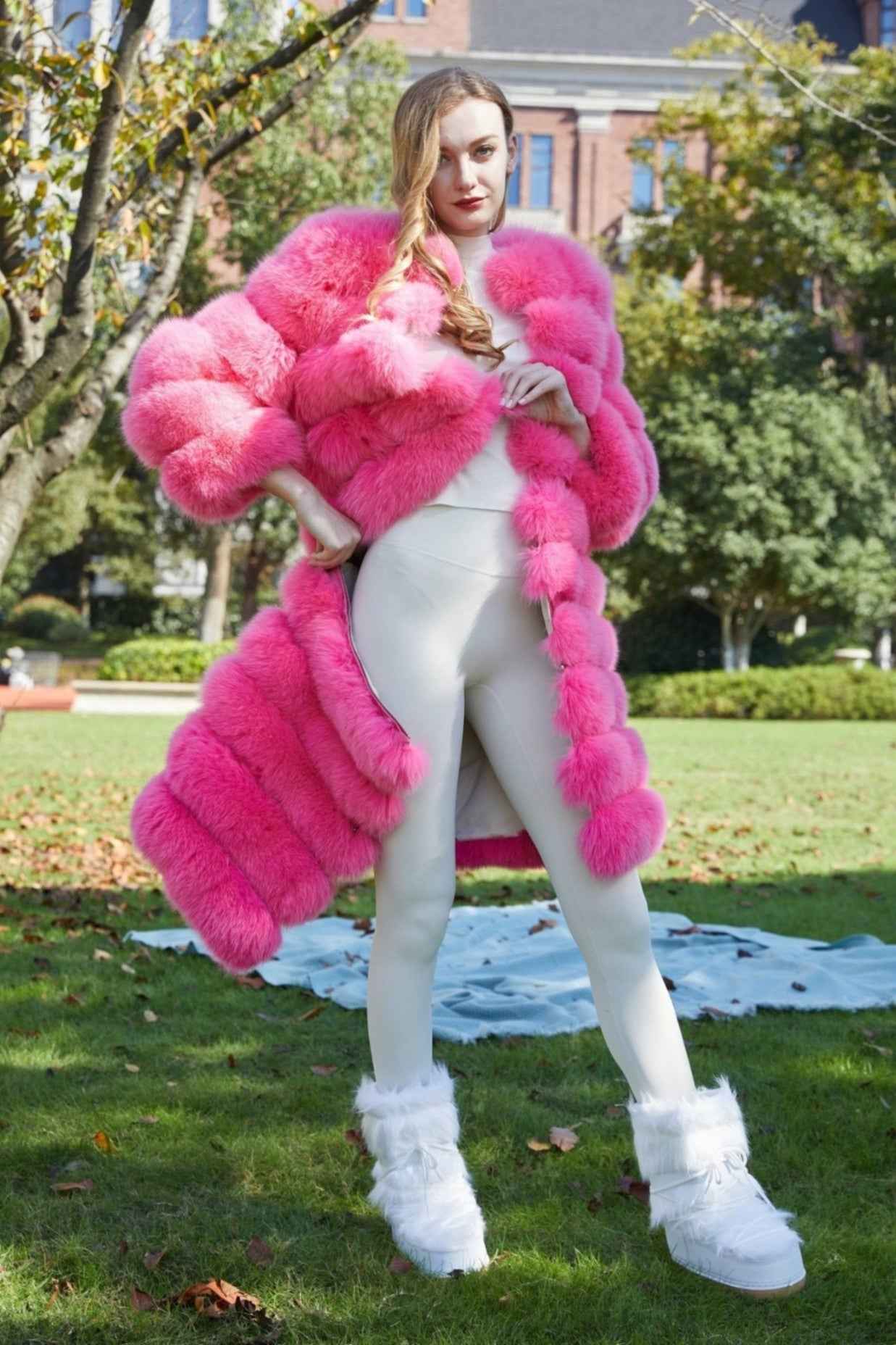 Fox Fur Round Collar Women's Long Coat Hem Removable