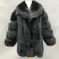 Winter Bright Color Vertical Fox Fur Coat For Women Black