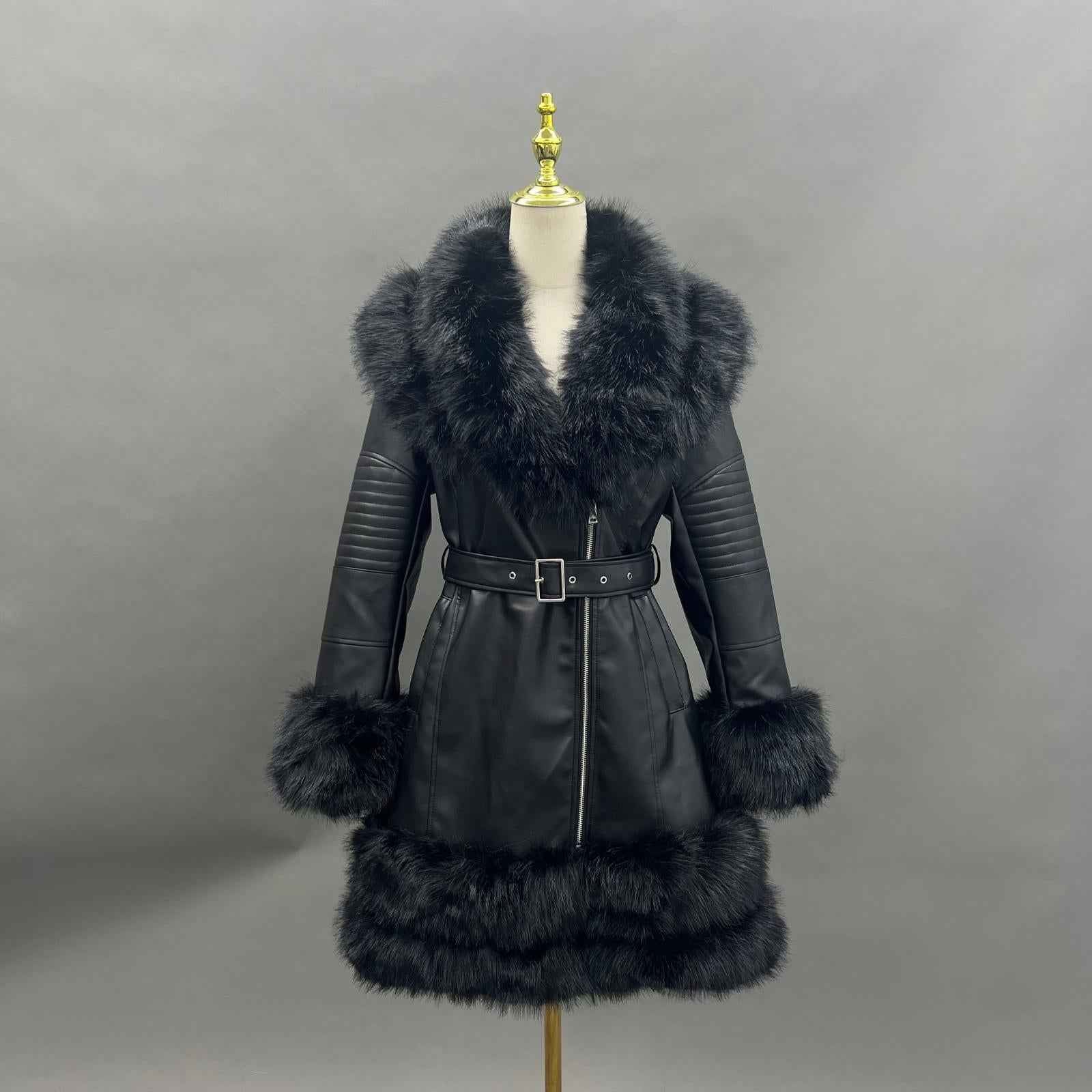 Eco-Friendly Leather Women's Mid-Length Coat with Faux Fur Cuffs and Belt