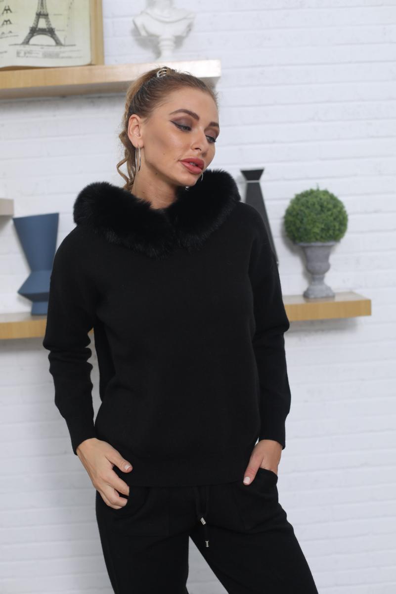 Knitted Sweater Suit With Fox Fur Collar Black F-chest 110cm