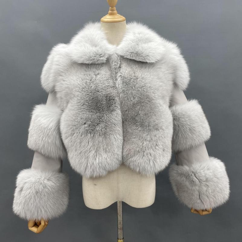 Women's Lapel Luxury Fox Jacket Full Fur Solid Color Short Style White Grey Click chat with us