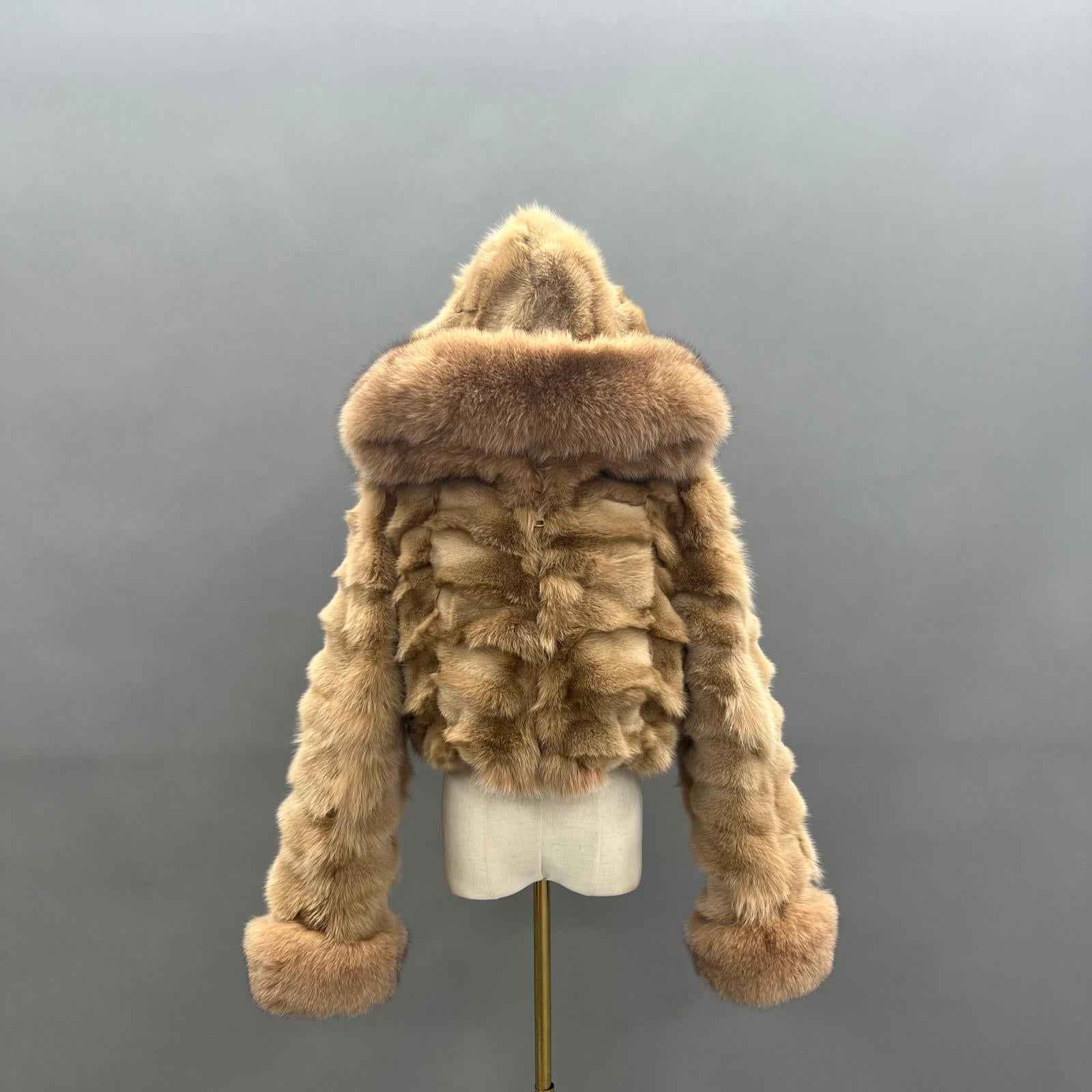 Fox Fur Coat for Women Luxurious Fox Fur Placket Hooded Zippered Jacket Khaki