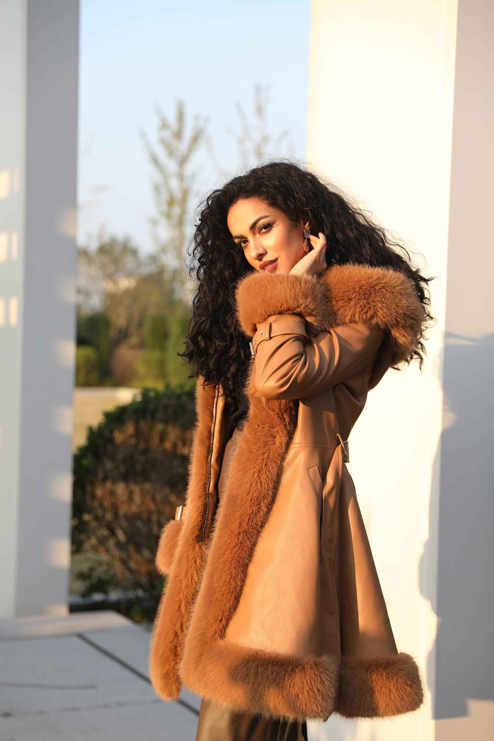 Eco-Friendly Leather and Fur Women's Long Belted Hooded Coat