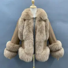 Women's Leather Coat With Fox Fur Collar Zipper Light brown