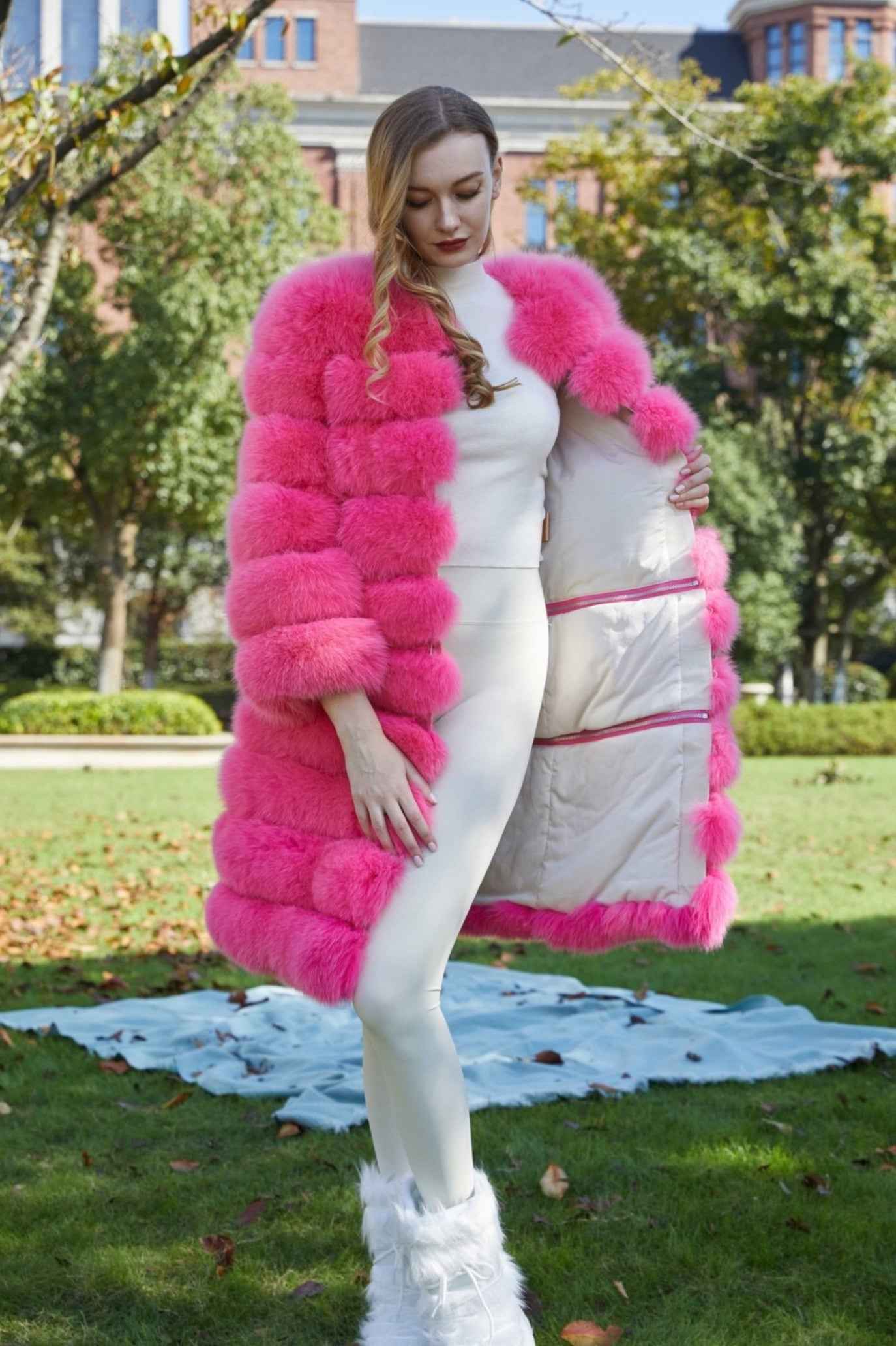 Fox Fur Round Collar Women's Long Coat Hem Removable