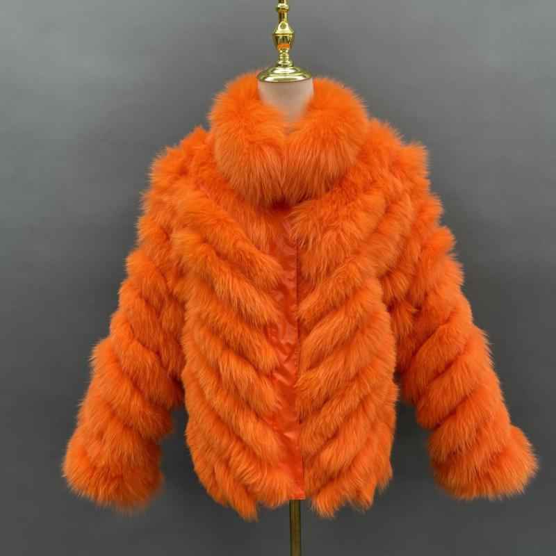 Double-Sided Fox Fur Diagonal Stripe Short Coat Orange