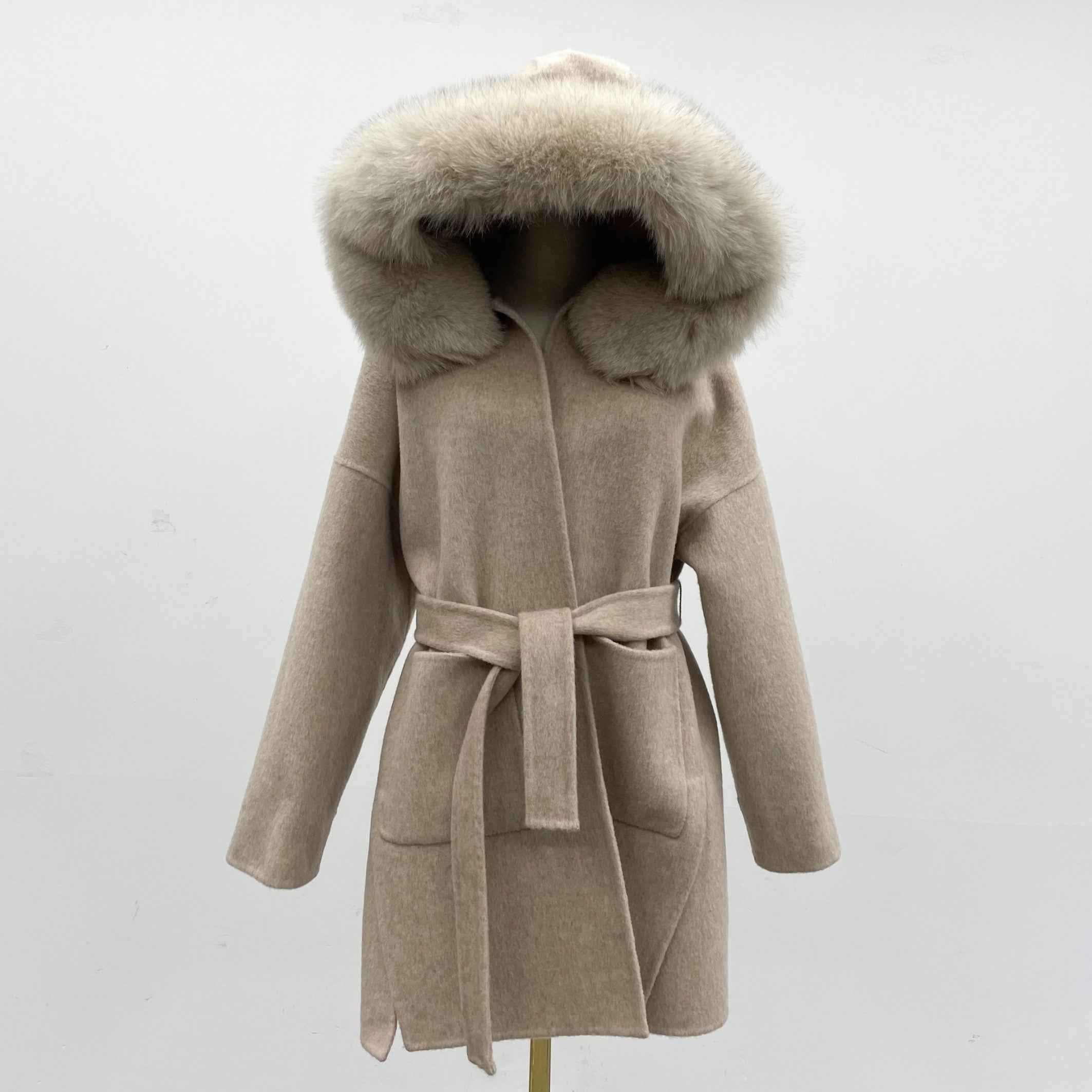 Double-sided Cashmere Mid-length Hooded Large Fur Collar Coat Women's Winter Coat