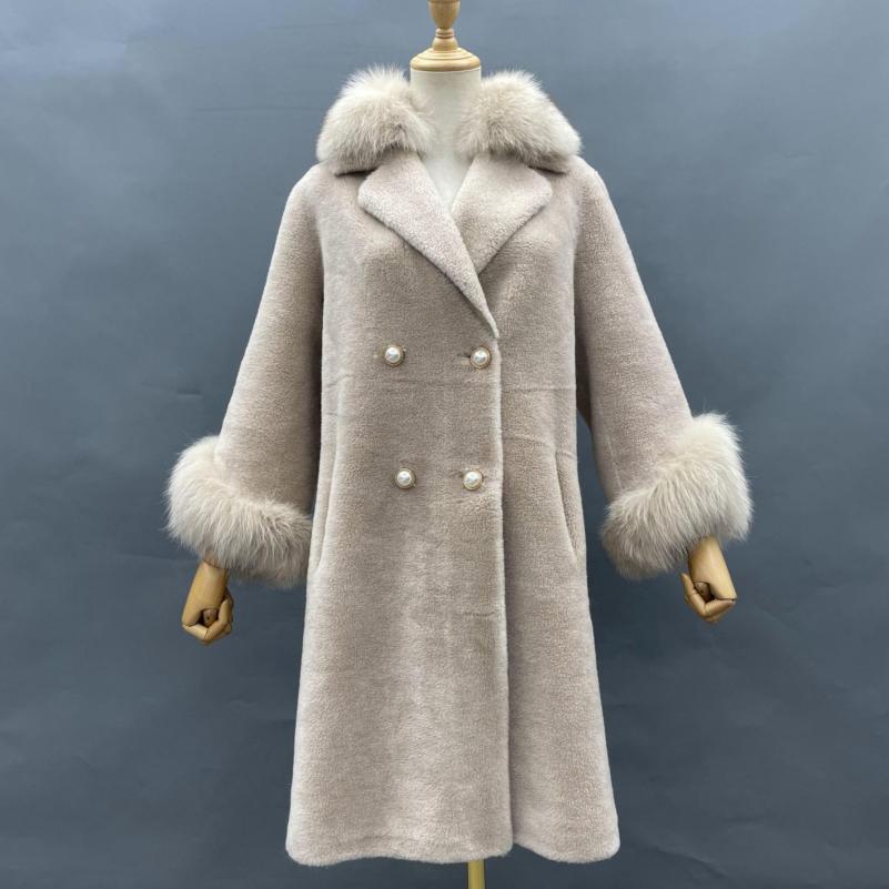 Women's Fox Fur Suit Collar Pearl Button Shearling Jacket