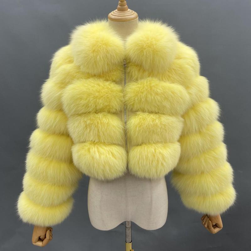 Women's Short Zip Fox Leather Jacket Square Neck Fluffy Fashion Coat Yellow Click chat with us